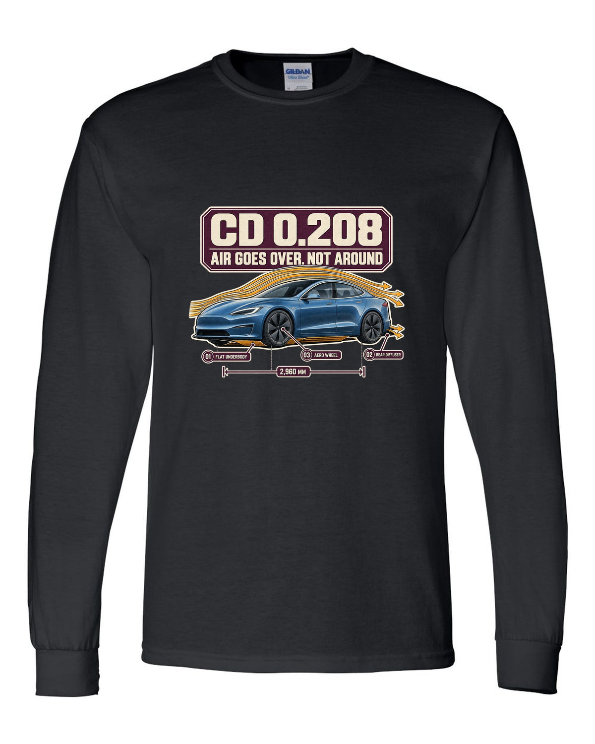 Aero callout print of a Tesla Model S Plaid with drag coefficient 0.208 black long sleeve front view with the design