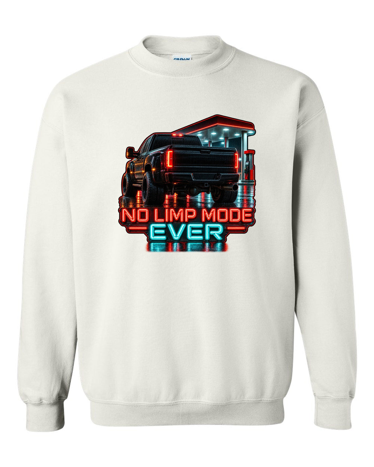 Photoreal night garage taillight print of a 1994-1998 Dodge Ram 2500 12V Cummins with No Limp Mode Ever text white crewneck front view with the design