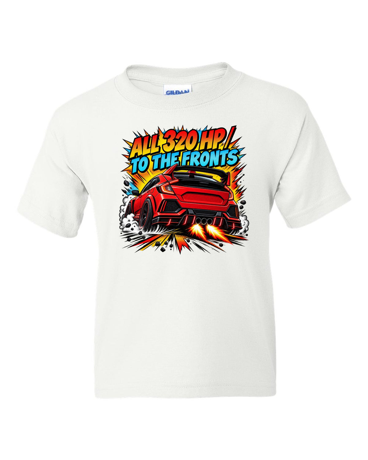 Halftone comic print of a Honda Civic Type R FK8 with triple exhaust and 320 HP text white kids tee front view with the design