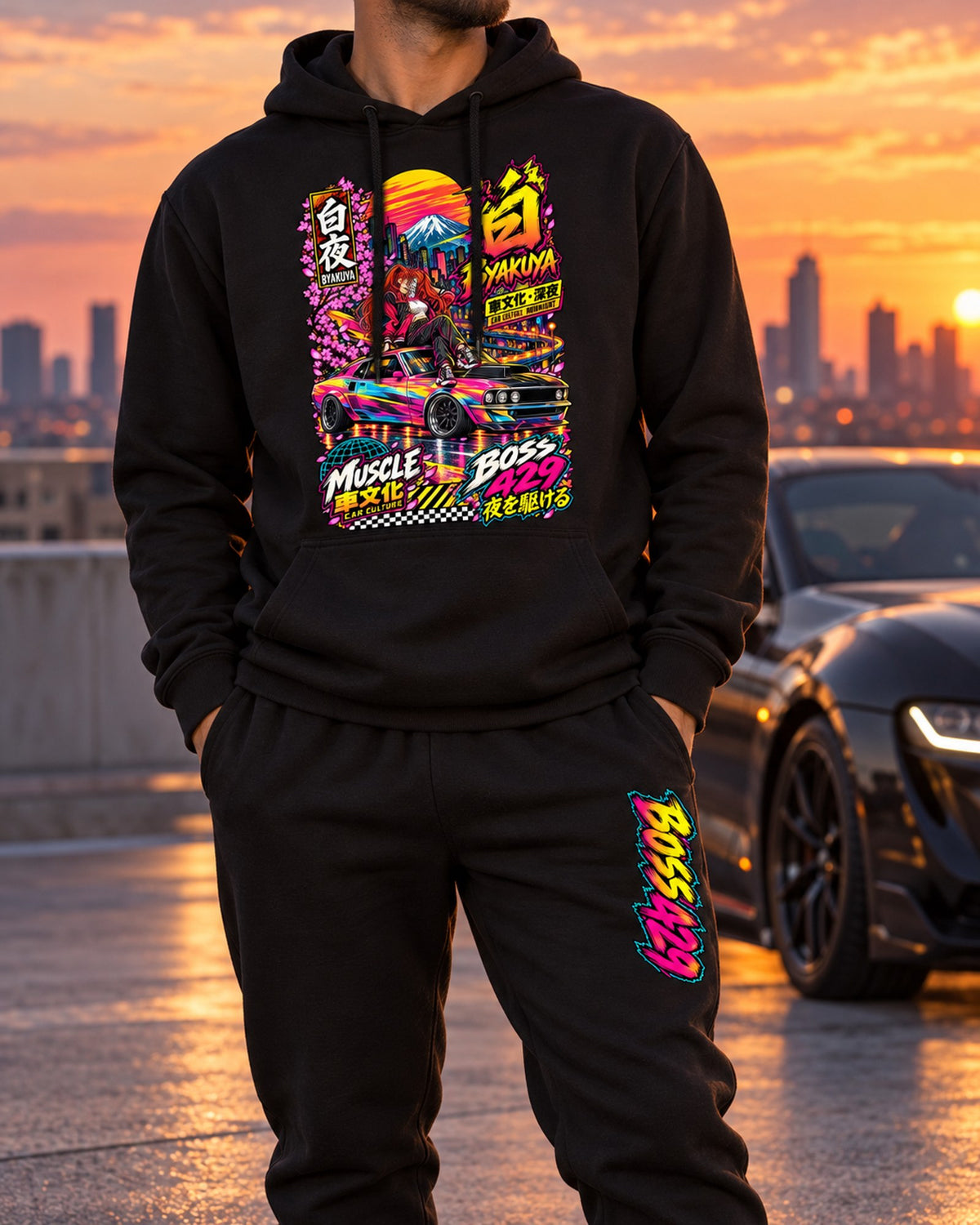 BOSS429 Byakuya Anime Girl Poster Hoodie + Jogger Set Black worn hero