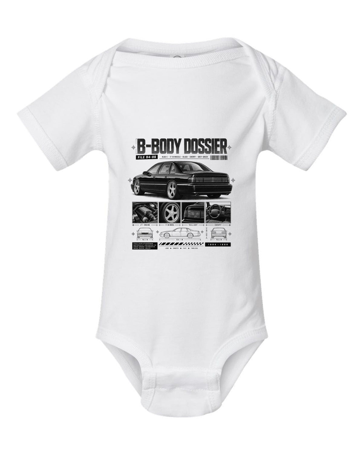 1994-96 Impala SS B-body dossier panels print with 4L60-E and wheel notes white baby onesie front view with the design
