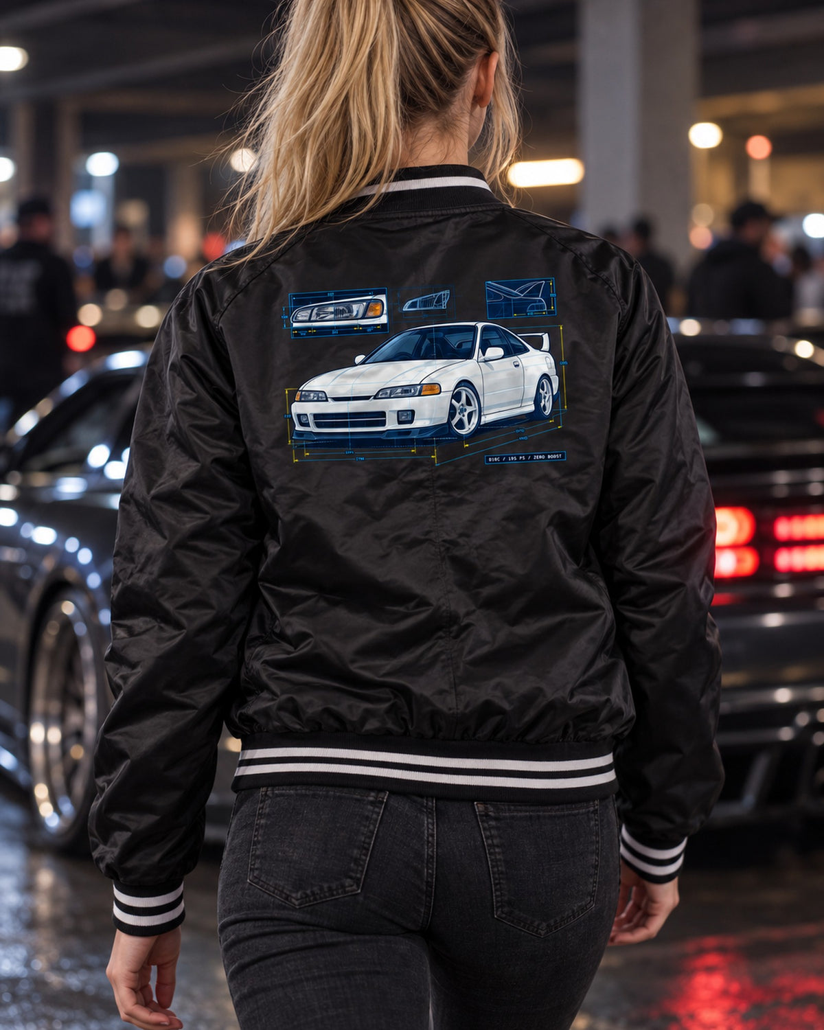 Honda Integra DC2 Headlight Blueprint Shirt, B18C Print Bomber Jacket Black worn hero