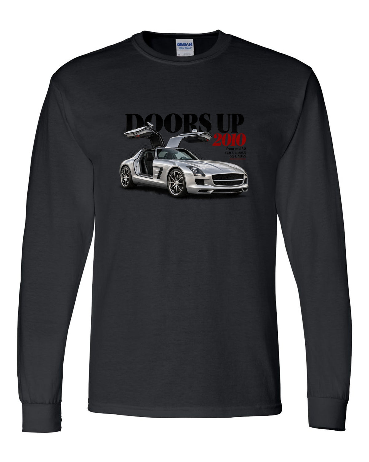 Editorial print of a Mercedes SLS AMG C197 with gullwing doors raised and Doors Up 2010 lettering black long sleeve front view with the design