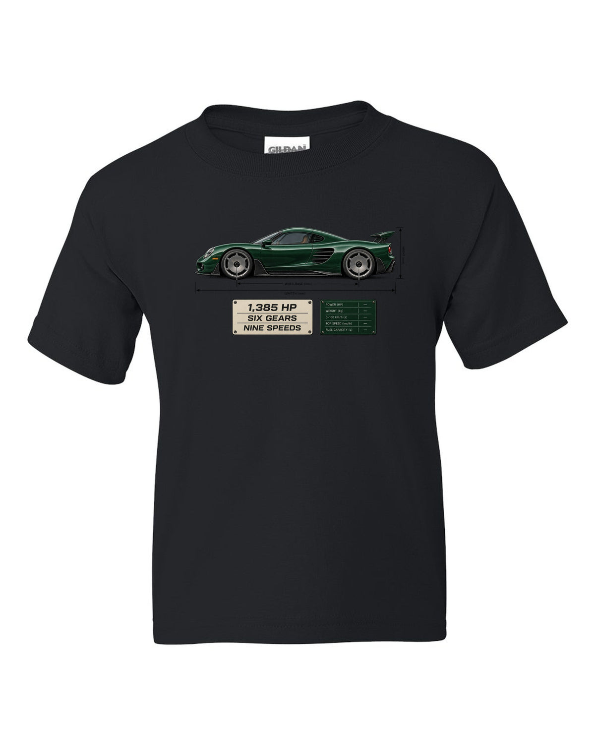 Blueprint print of the Koenigsegg CC850 with the text 1,385 hp, six gears, nine speeds black kids tee front view with the design