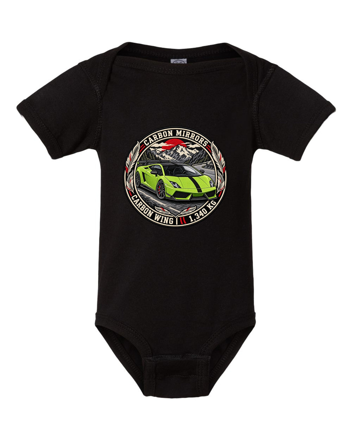 Round embroidery-style crest of a Lamborghini Gallardo LP570-4 Superleggera with carbon mirrors and wing text black baby onesie front view with the design