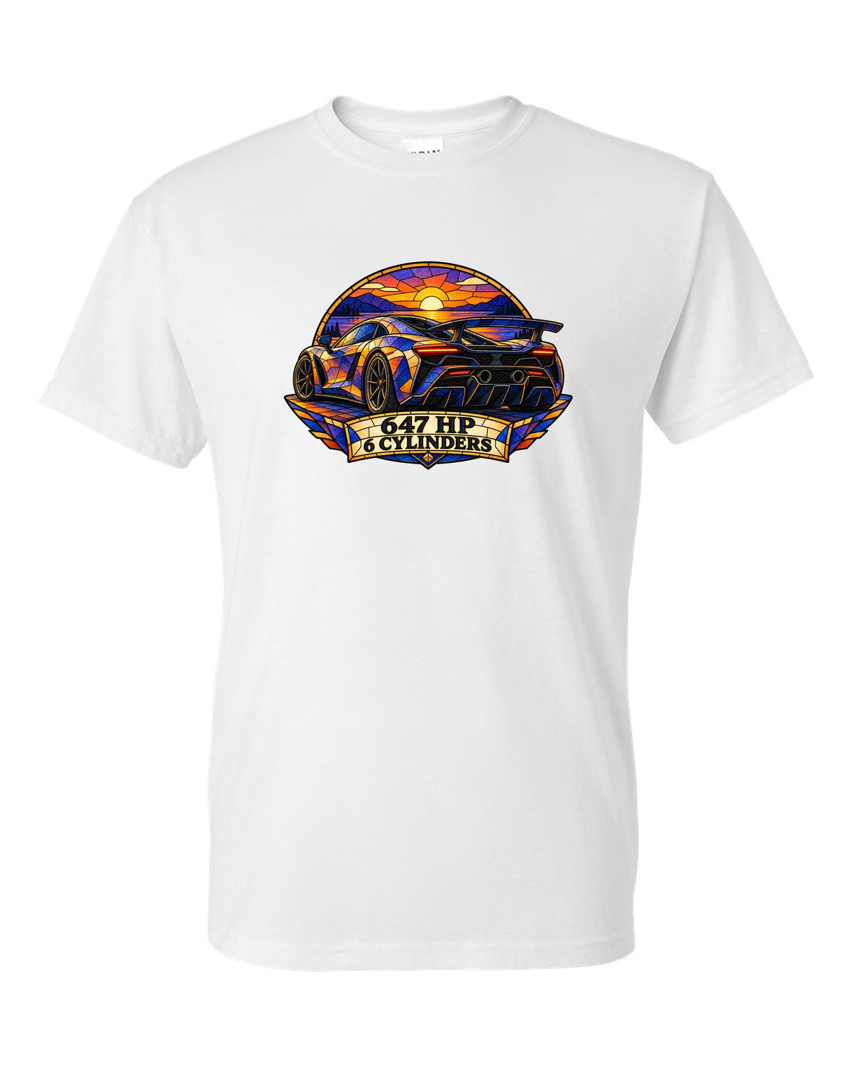 Ford GT 2017-2022 buttress profile in a stained-glass geometric print white t-shirt front view with the design