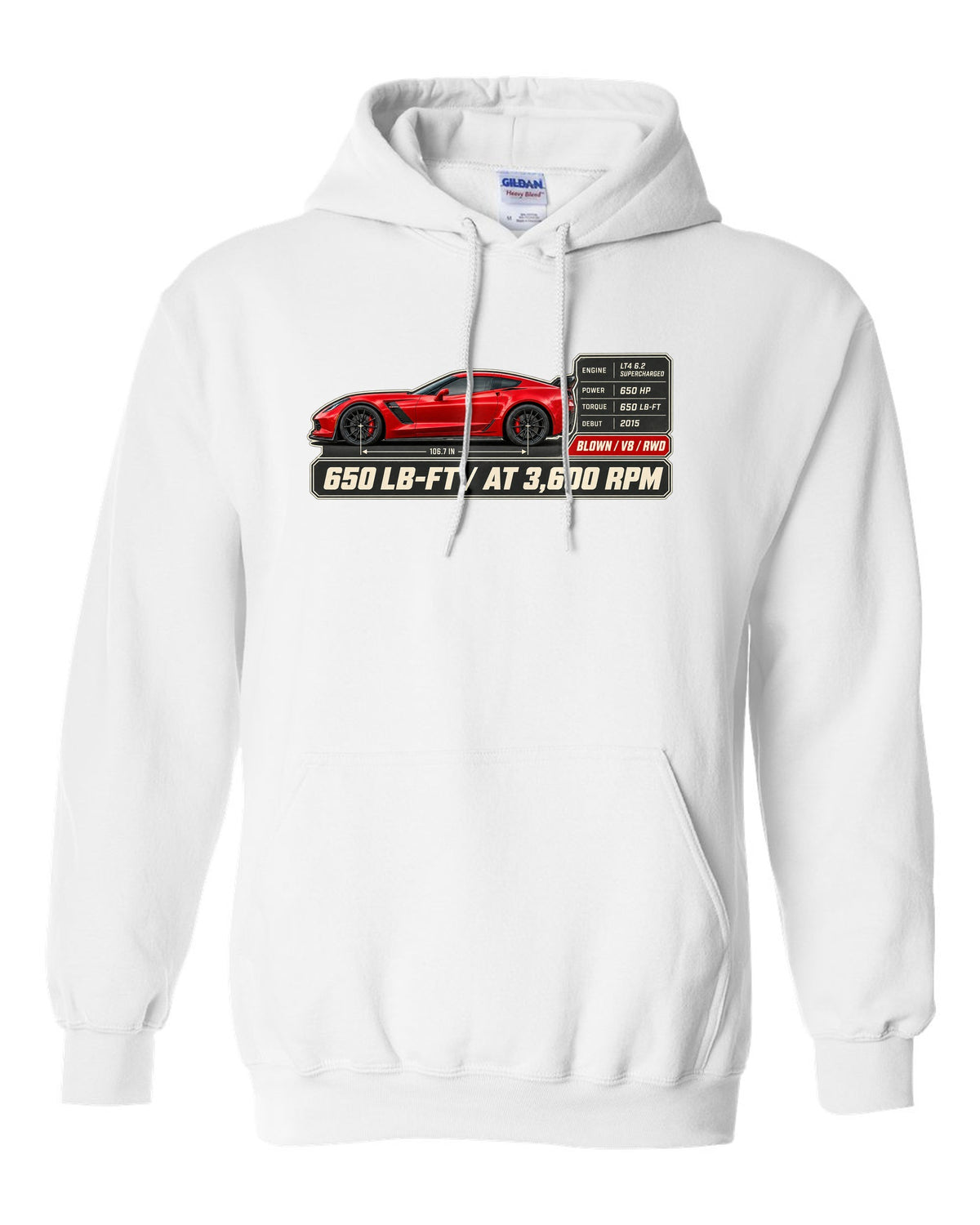 print of a Chevrolet Corvette C7 Z06 spec poster showing 650 lb-ft at 3,600 rpm white pull over hoodie front view with the design