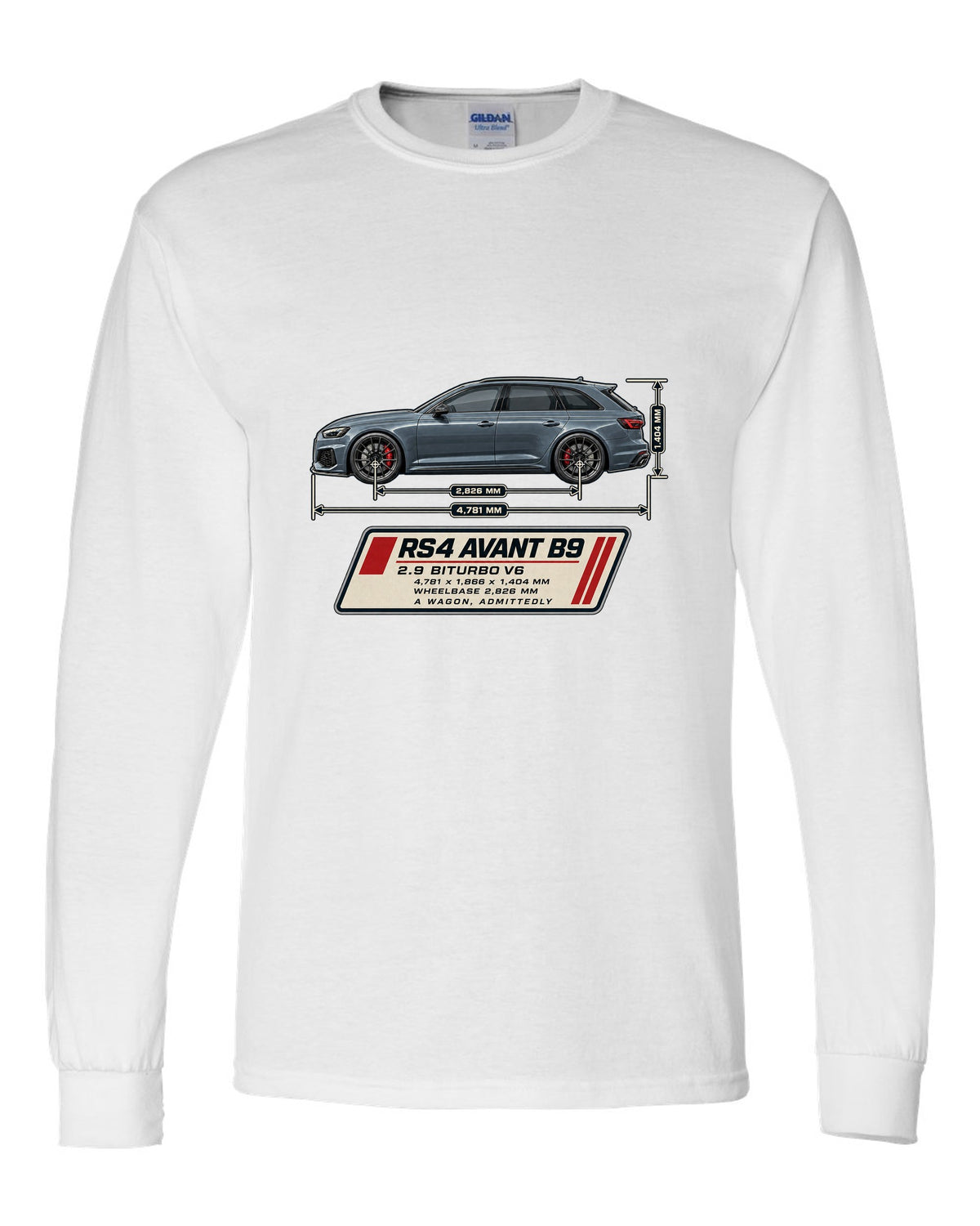 Audi RS4 Avant B9 dimension blueprint print with measurements white long sleeve front view with the design