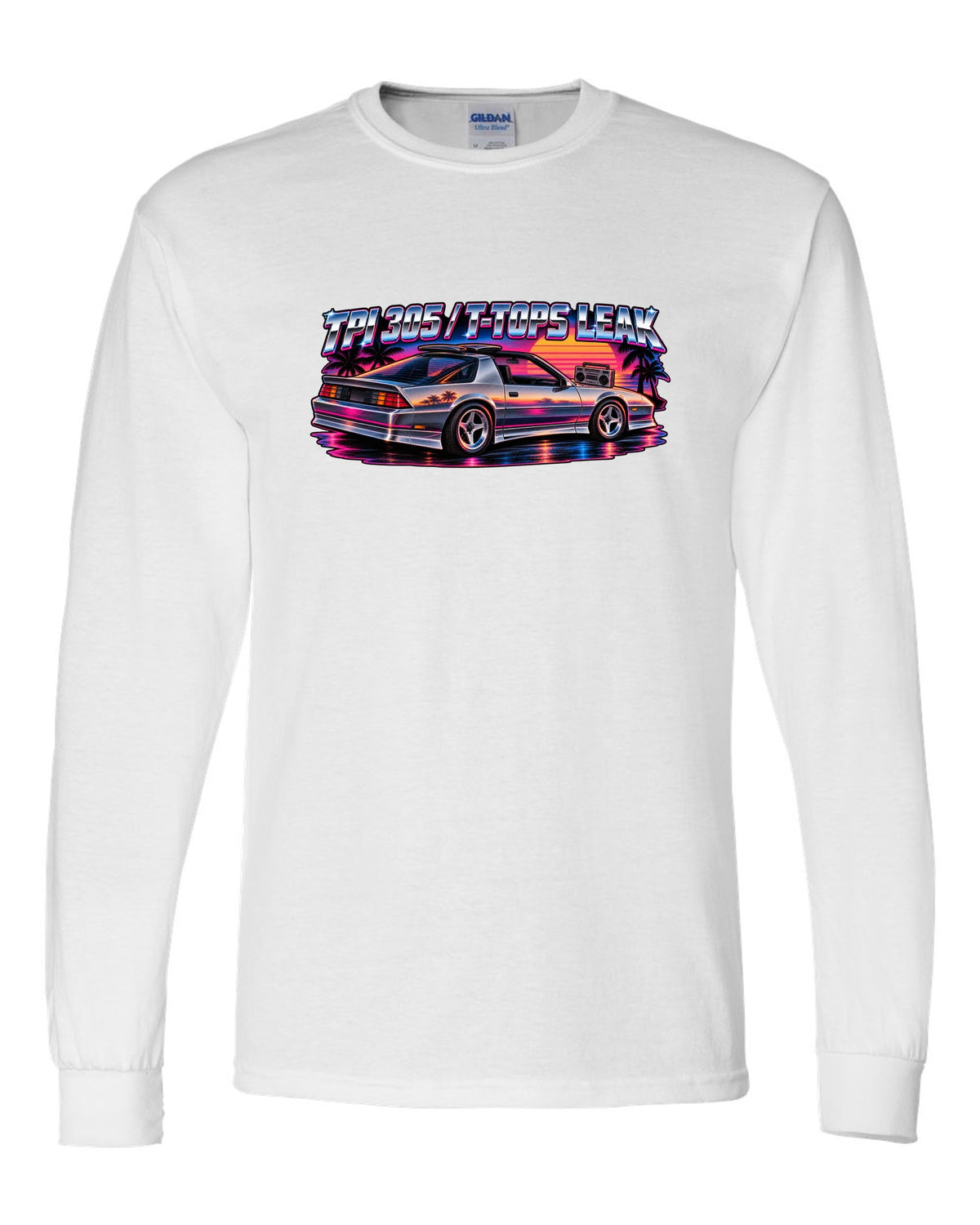80s airbrush art with chrome type and lightning bolts of a 1985 Chevrolet Camaro IROC-Z white long sleeve front view with the design