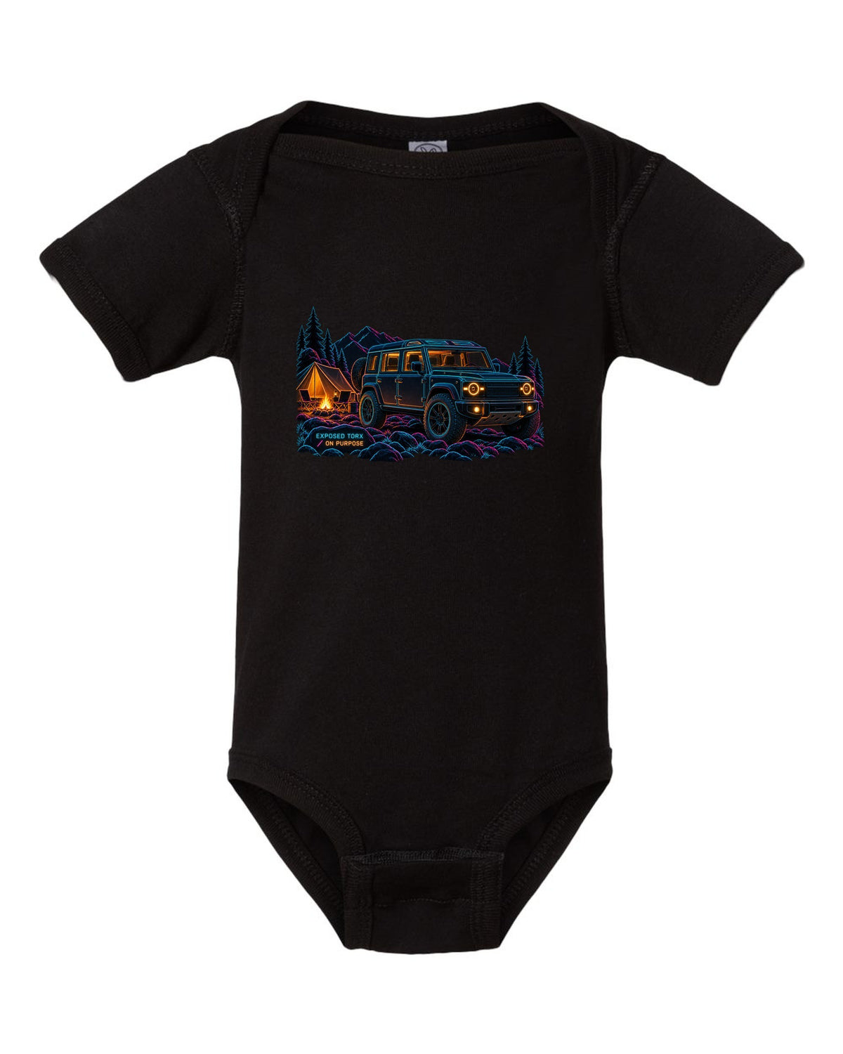 Neon line art print of a Land Rover Defender L663 110 at night camp with Exposed Torx text black baby onesie front view with the design