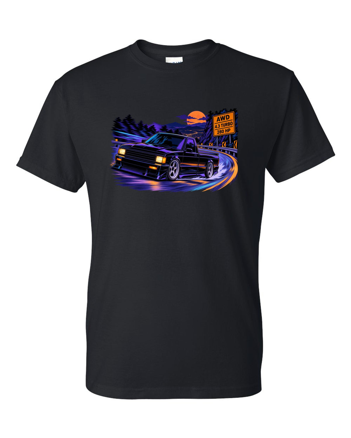 Cel-shaded anime night mountain road print of a 1991 GMC Syclone with AWD 4.3 turbo 280 HP lettering black t-shirt front view with the design