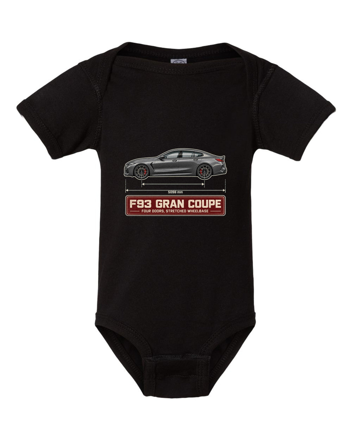 BMW M8 Competition Gran Coupe F93 blueprint print on a tee black baby onesie front view with the design