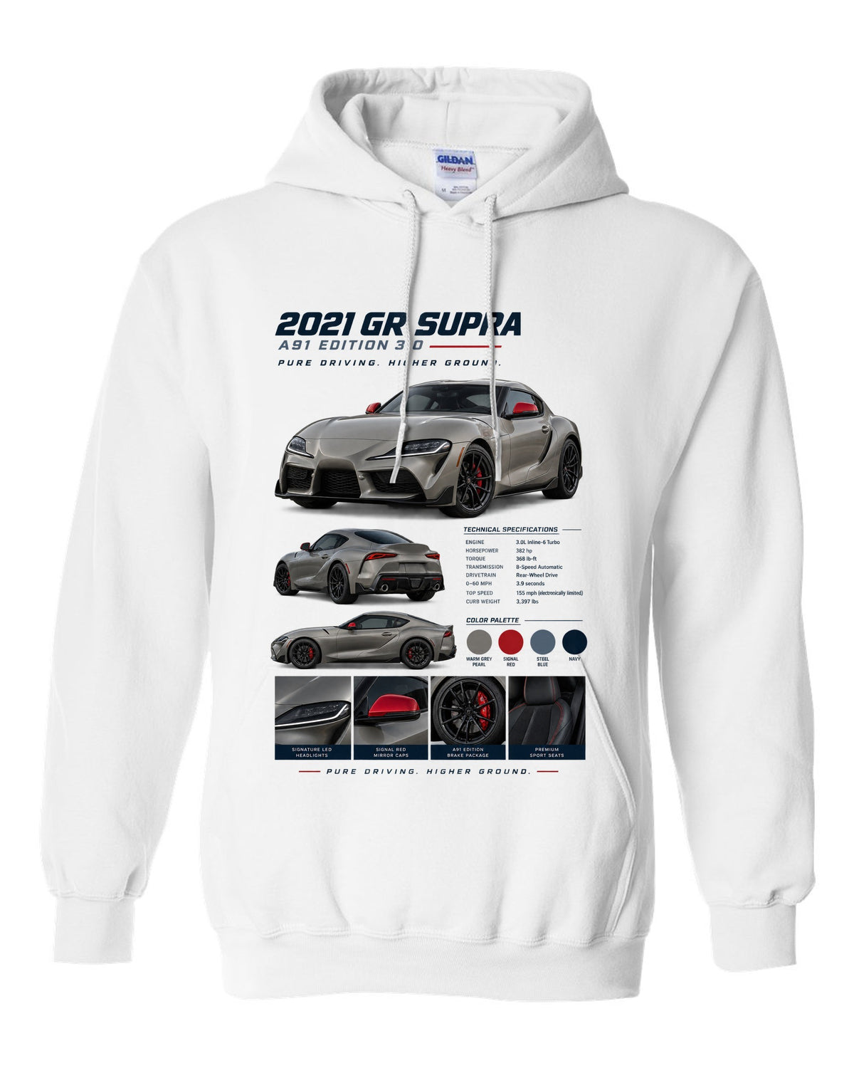 Dossier panel layout of the 2021 Toyota GR Supra A91 Edition in warm grey pearl with red mirror caps white pull over hoodie front view with the design