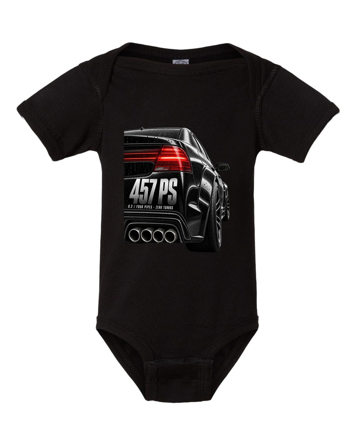 print taillight close-up of a Mercedes W204 C63 sedan with text 457 PS, 6.2, four pipes, zero turbos black baby onesie front view with the design