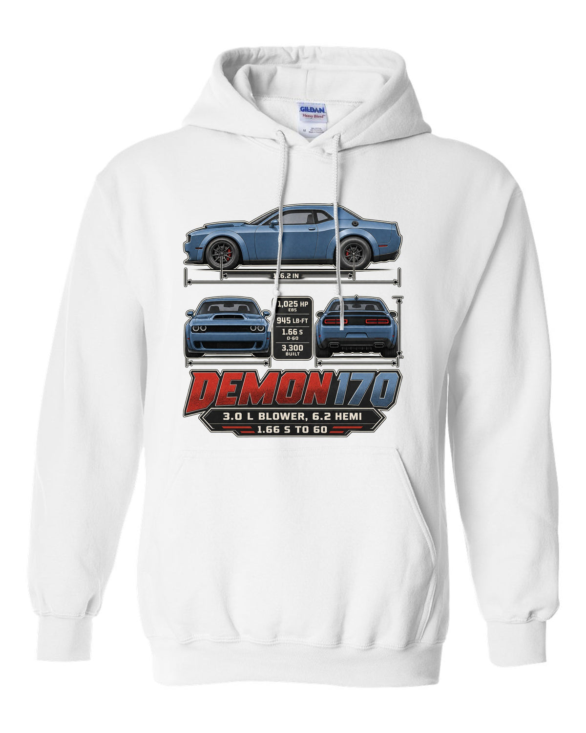 Dodge Challenger SRT Demon 170 dimension blueprint print white pull over hoodie front view with the design