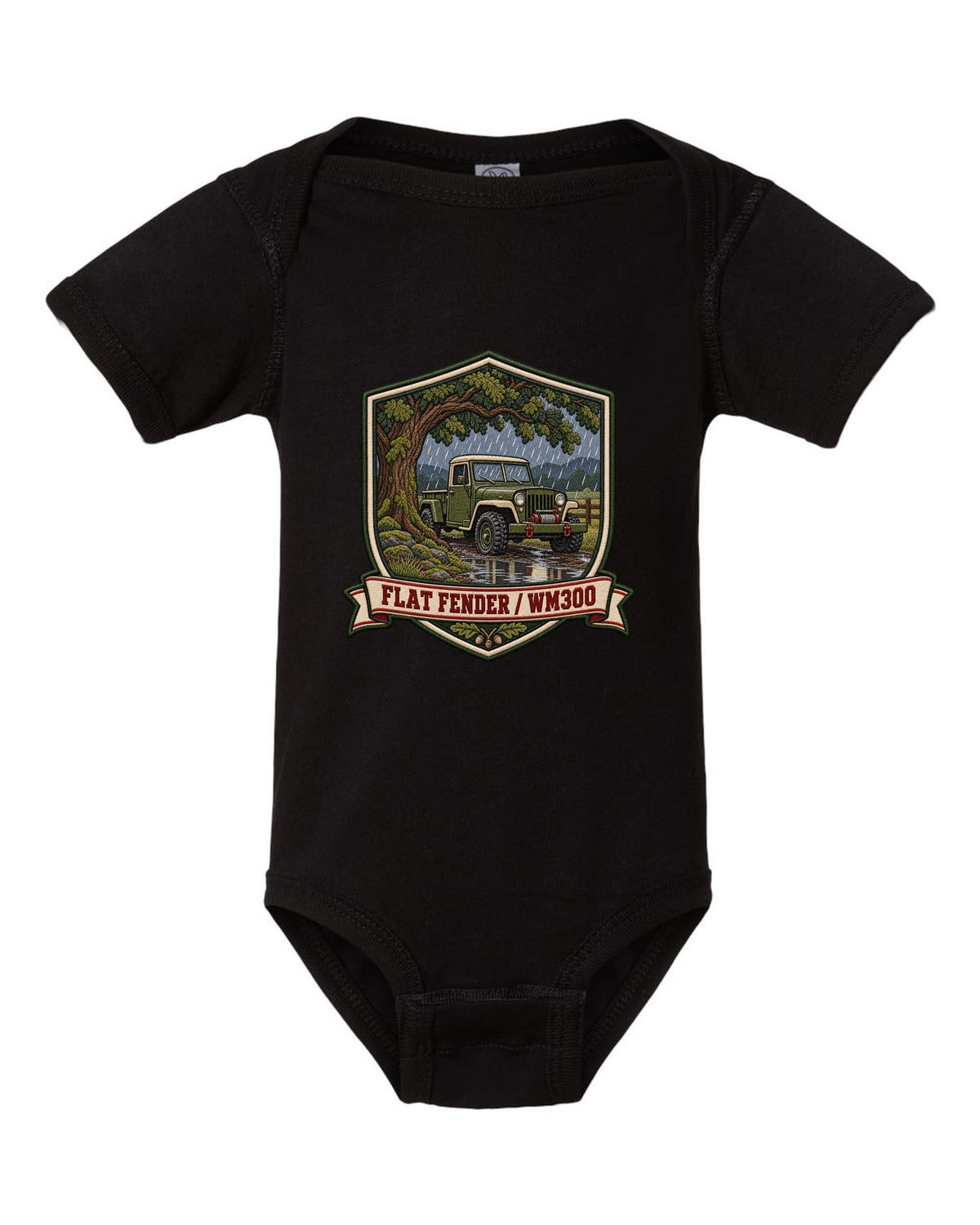 Varsity-style embroidered crest print of a Dodge Power Wagon WM300 flat fender black baby onesie front view with the design