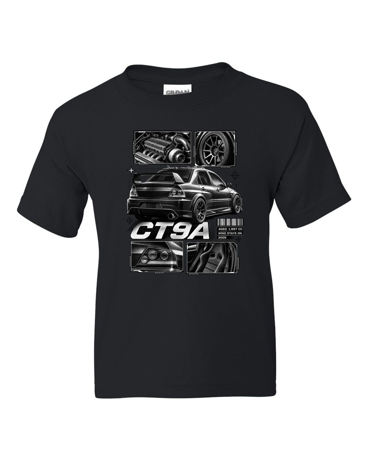 Dossier panel print of a Mitsubishi Lancer Evolution VIII IX CT9A black kids tee front view with the design