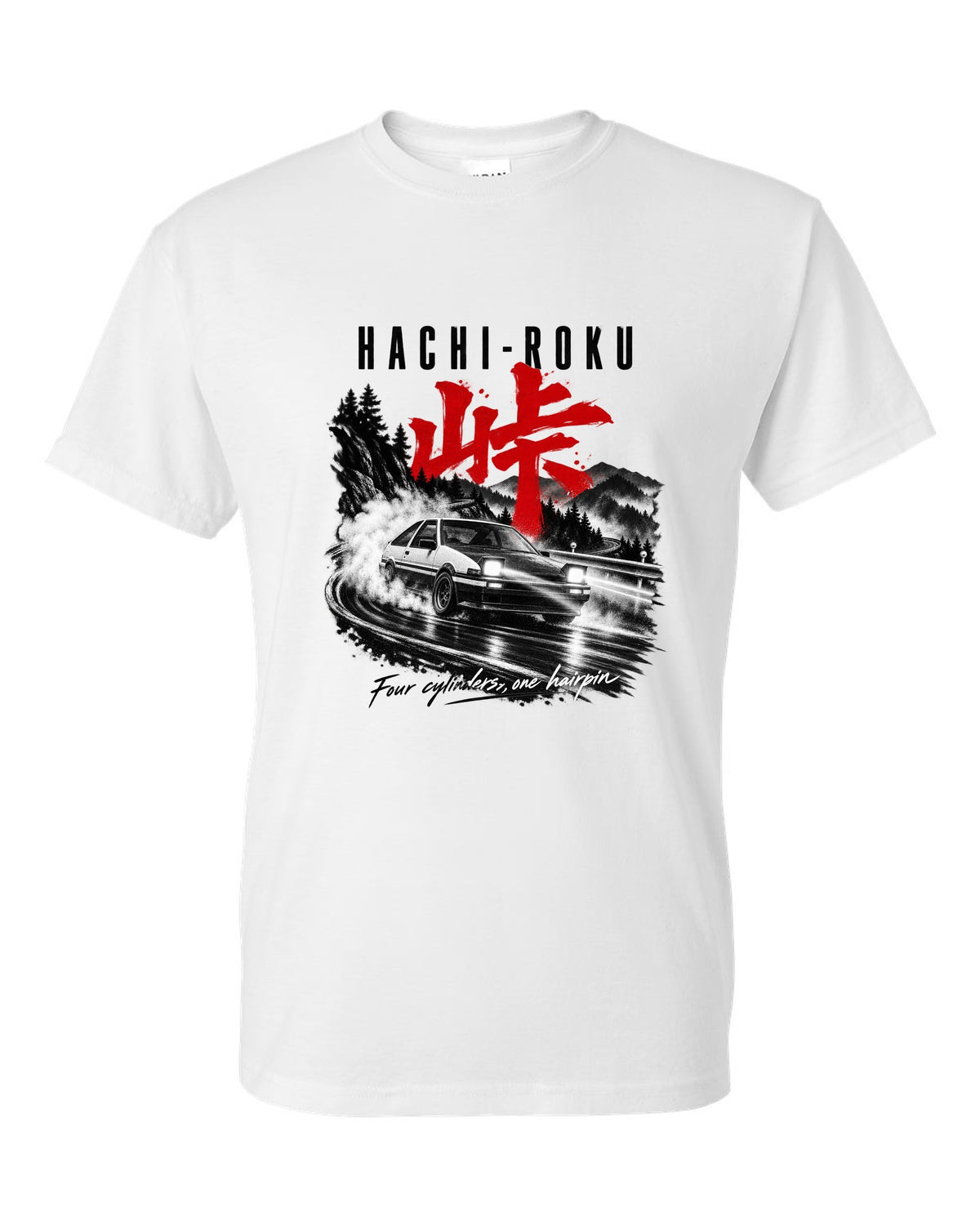 print of a Toyota AE86 Sprinter Trueno on a night touge with Hachi-Roku lettering and a hairpin bend white t-shirt front view with the design