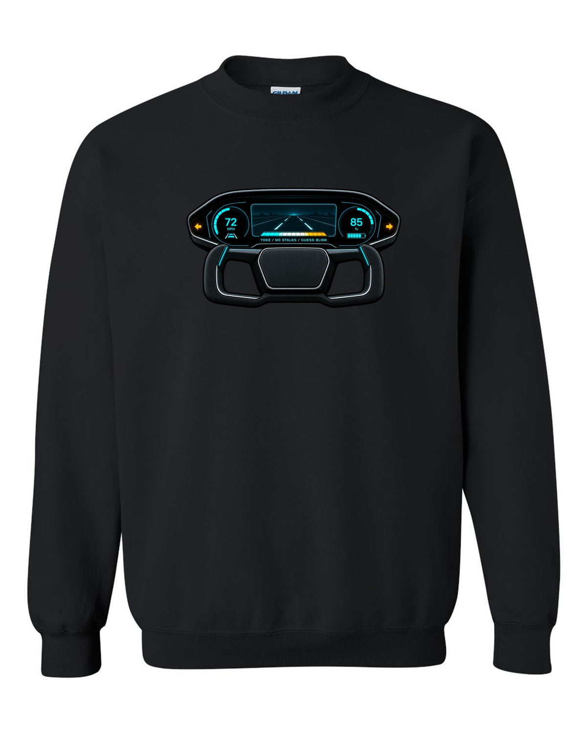 Gauge-cluster HUD design for a 2021 Tesla Model S Plaid with the words Yoke No Stalks Guess Blink black crewneck front view with the design