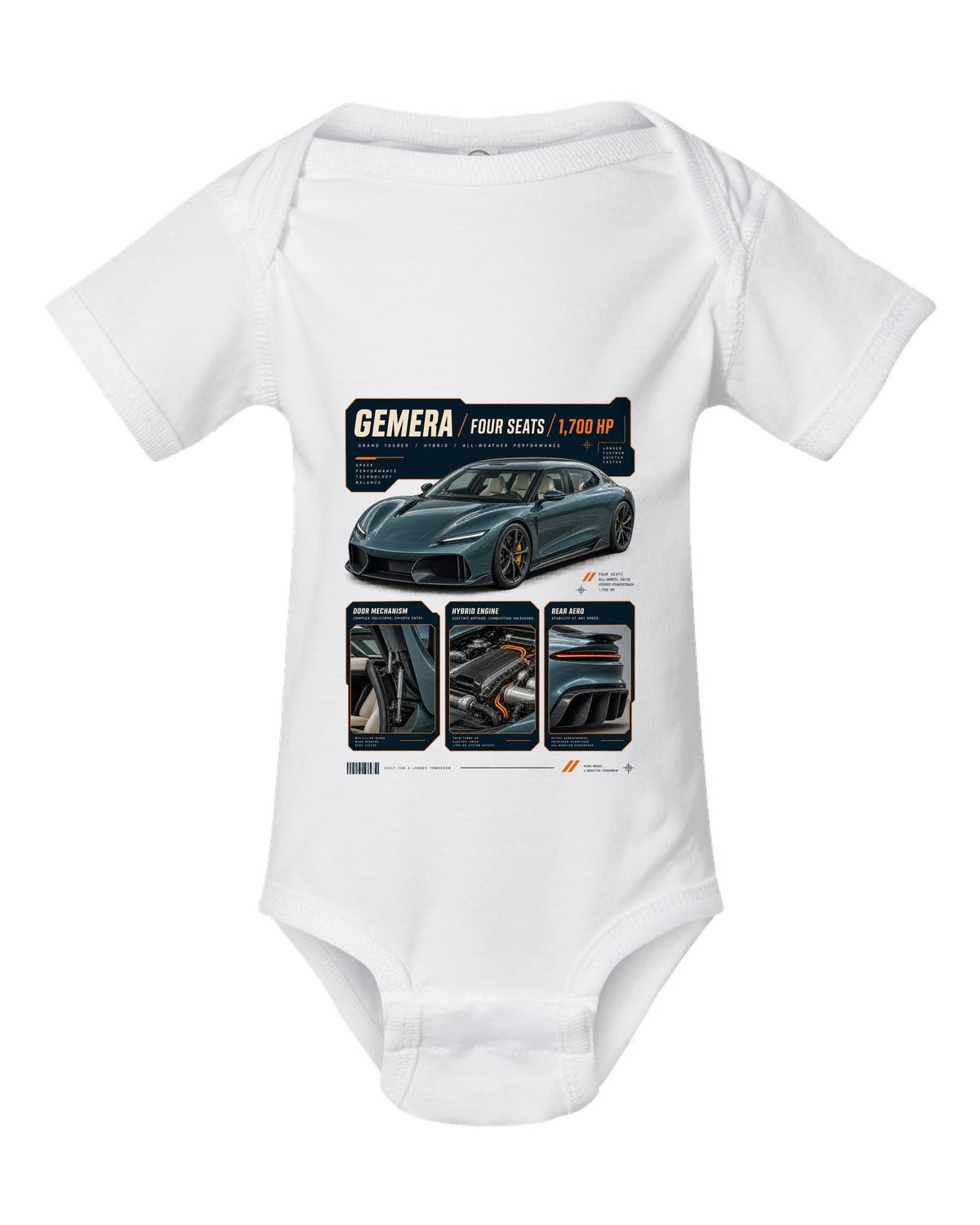 Dossier panel print of the Koenigsegg Gemera with the text Gemera, Mega-GT, four seats, 2020 reveal white baby onesie front view with the design