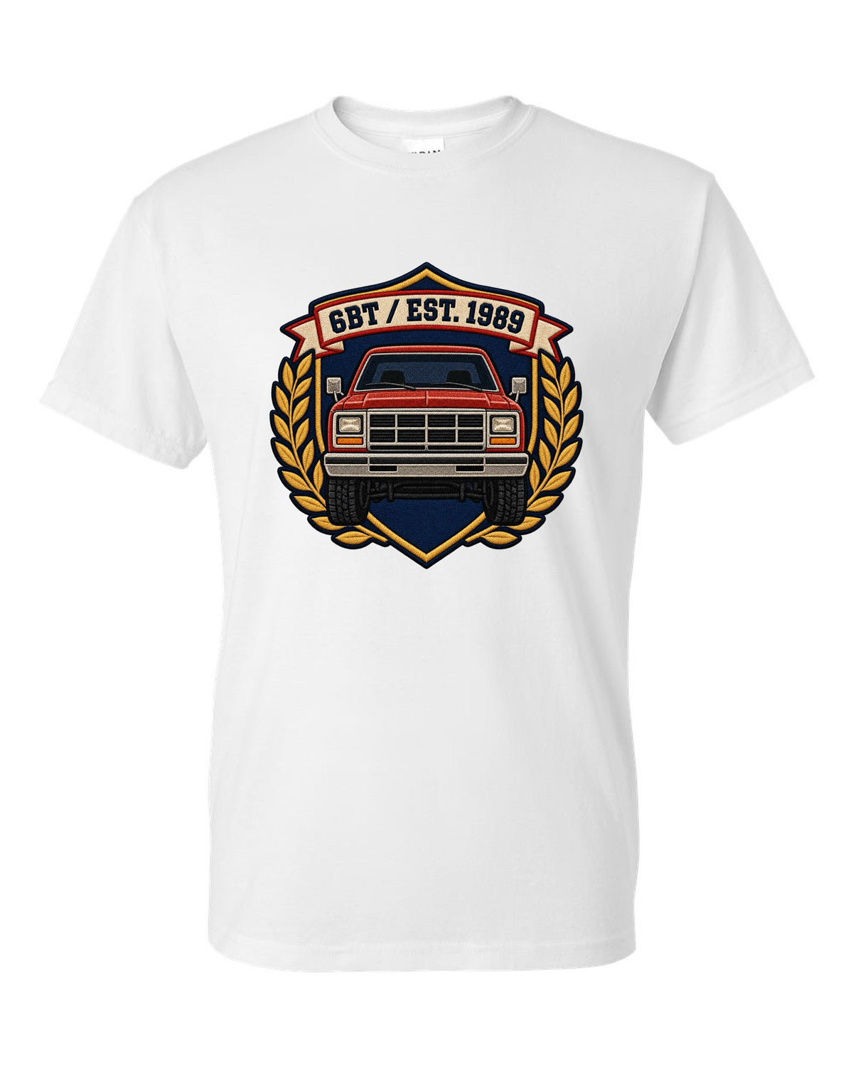 Varsity shield crest print for a first-generation Dodge Ram D250 6BT Cummins white t-shirt front view with the design