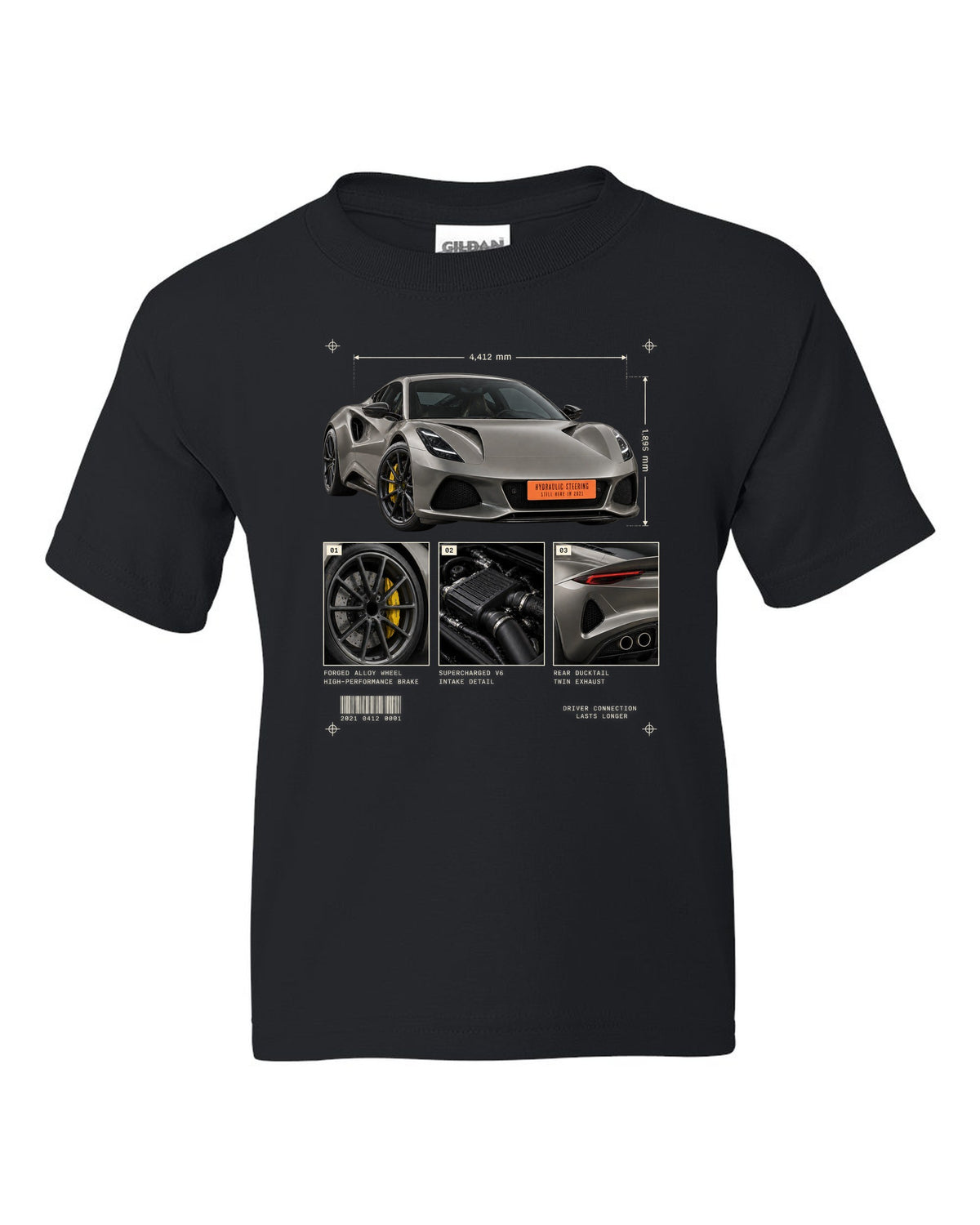Lotus Emira V6 2021 hero view with three detail panels print with hydraulic steering text black kids tee front view with the design