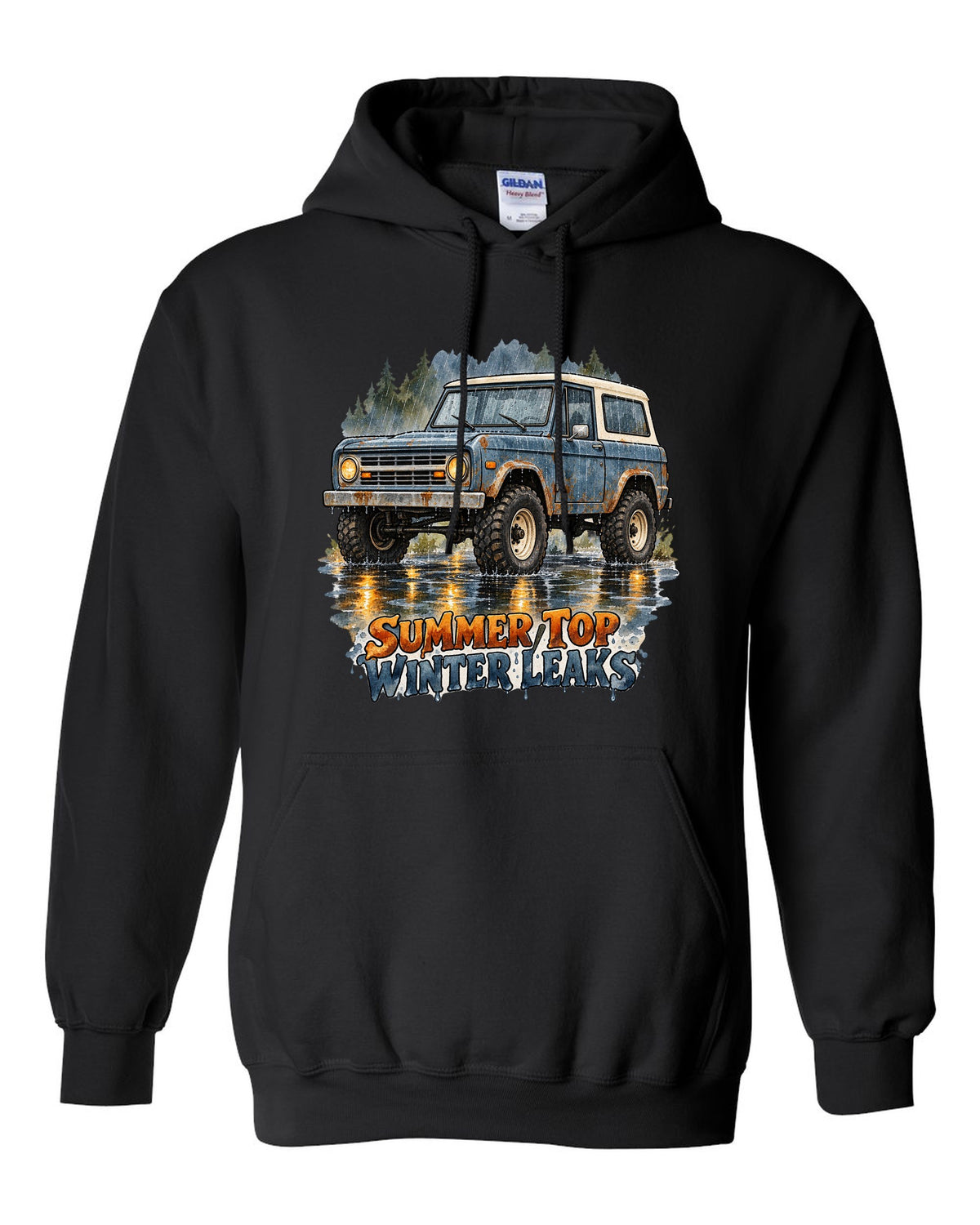 Watercolour wash print of a 1969 first-generation Chevrolet K5 Blazer with summer top winter leaks text black pull over hoodie front view with the design