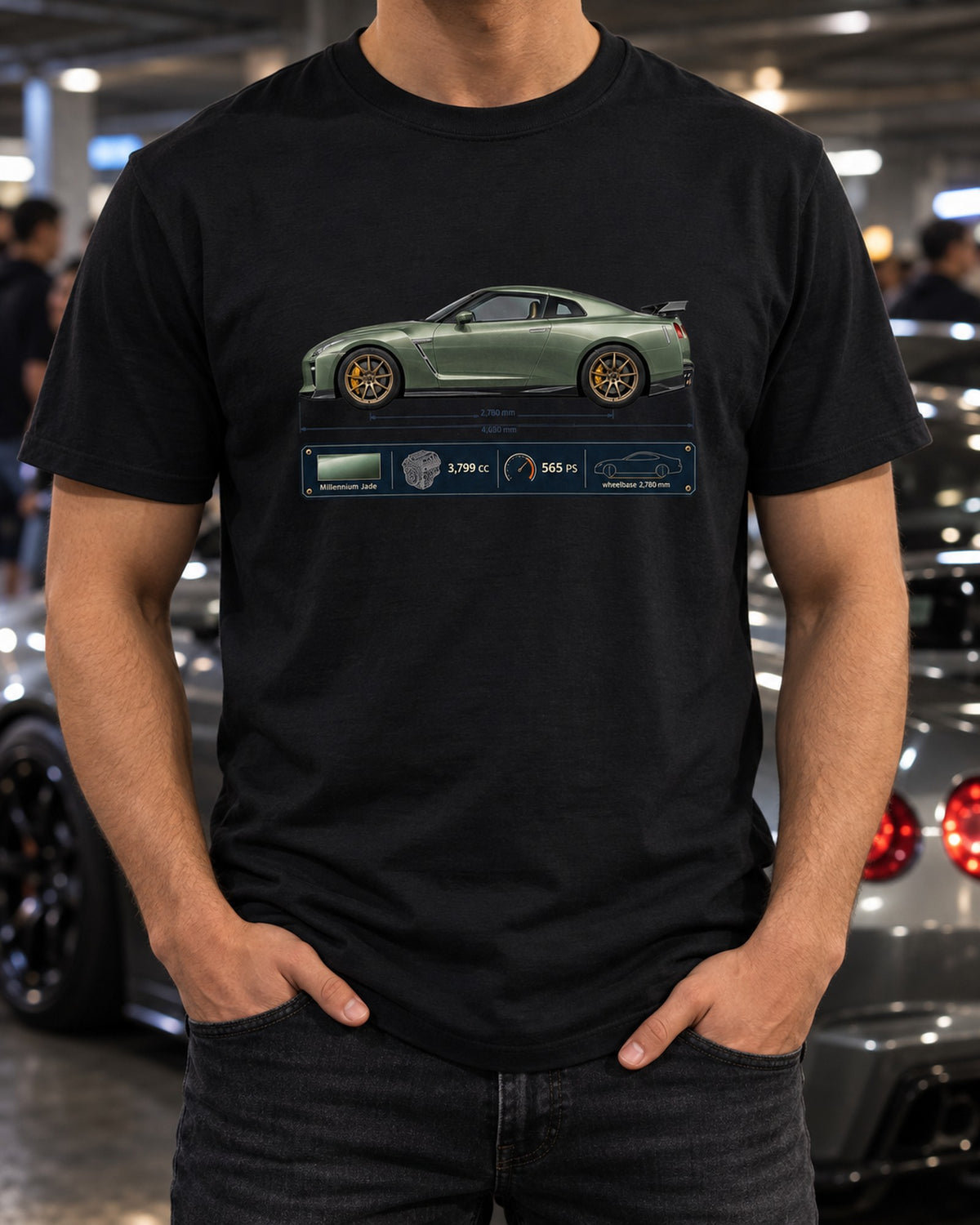 Nissan GT-R R35 T-spec Blueprint Shirt, 2024 Car Guy Tee T-Shirt Black worn hero