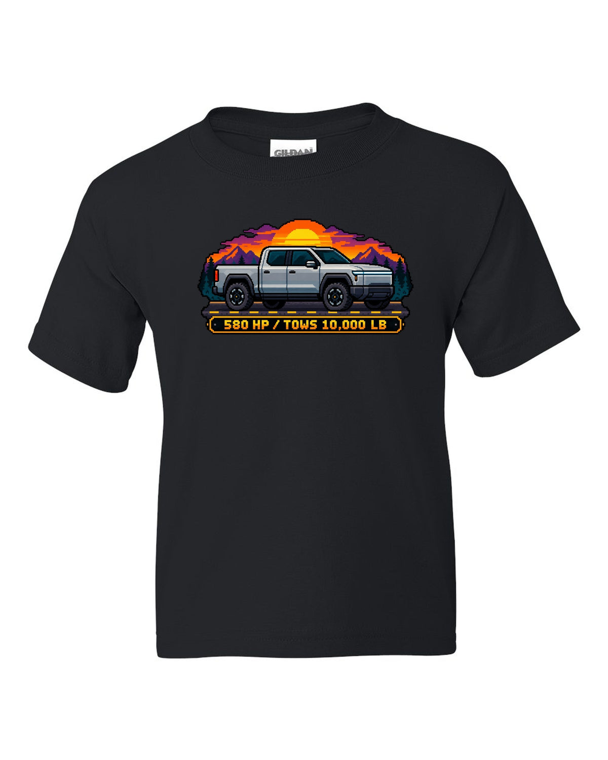 Ford F-150 Lightning 16-bit pixel art print with 580 HP and 10,000 lb towing text black kids tee front view with the design