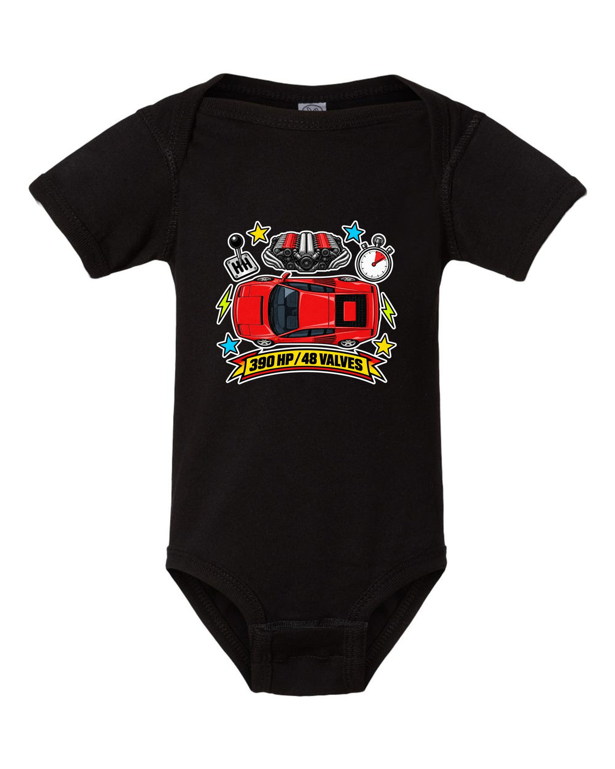 Sticker-bomb collage of the Ferrari Testarossa with 390 HP and 48 valves text black baby onesie front view with the design