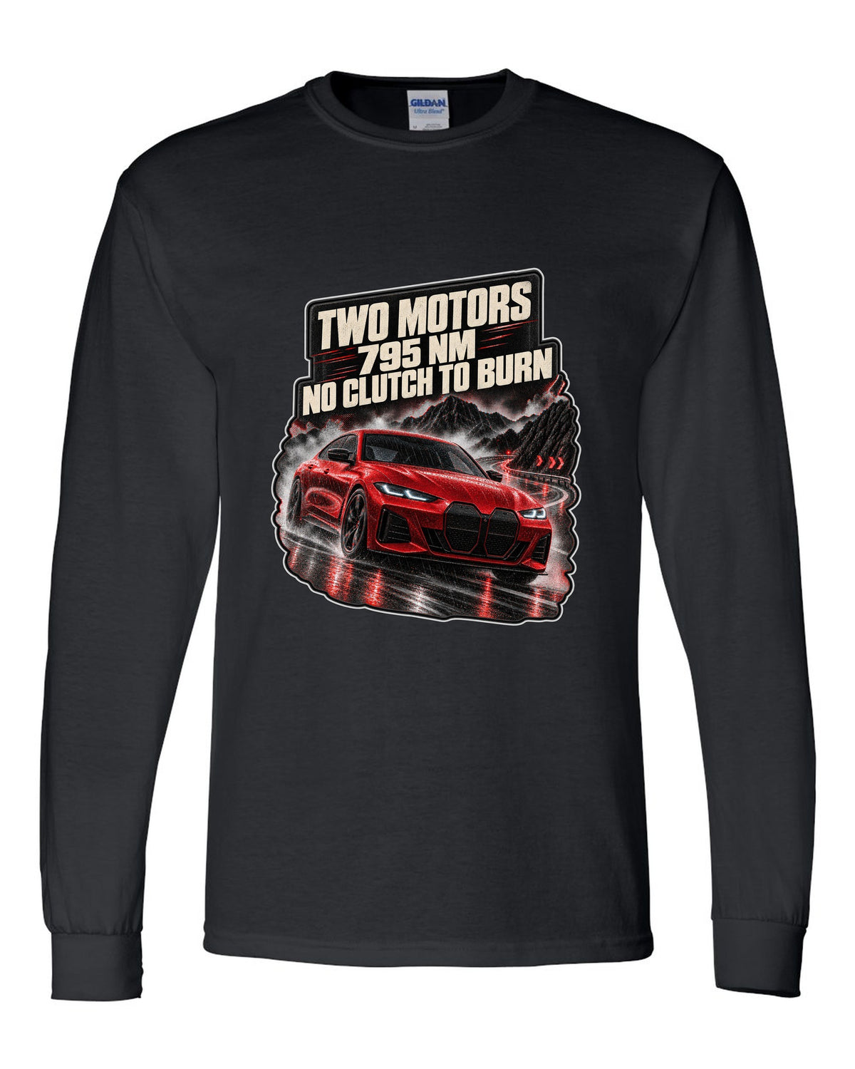 Night touge road print of a BMW i4 M50 G26 with two motors and 795 Nm black long sleeve front view with the design