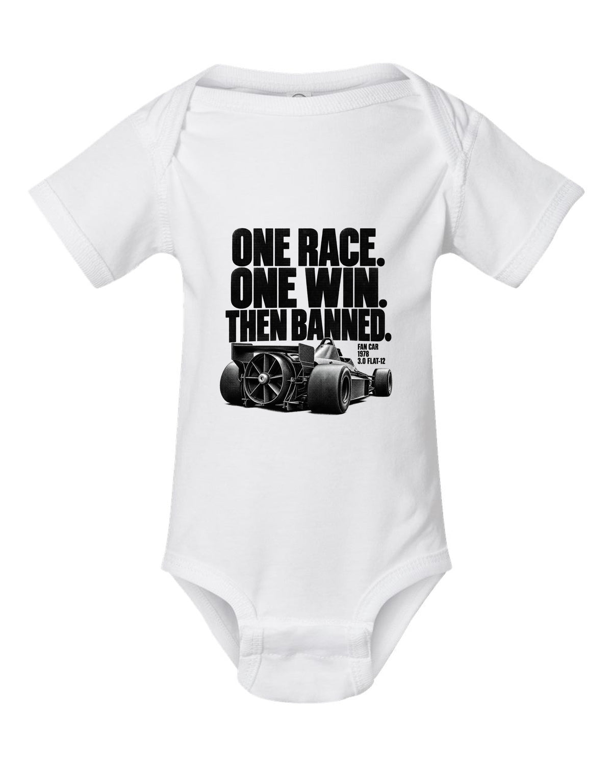 Brabham BT46B fan car halftone print with one race one win text white baby onesie front view with the design