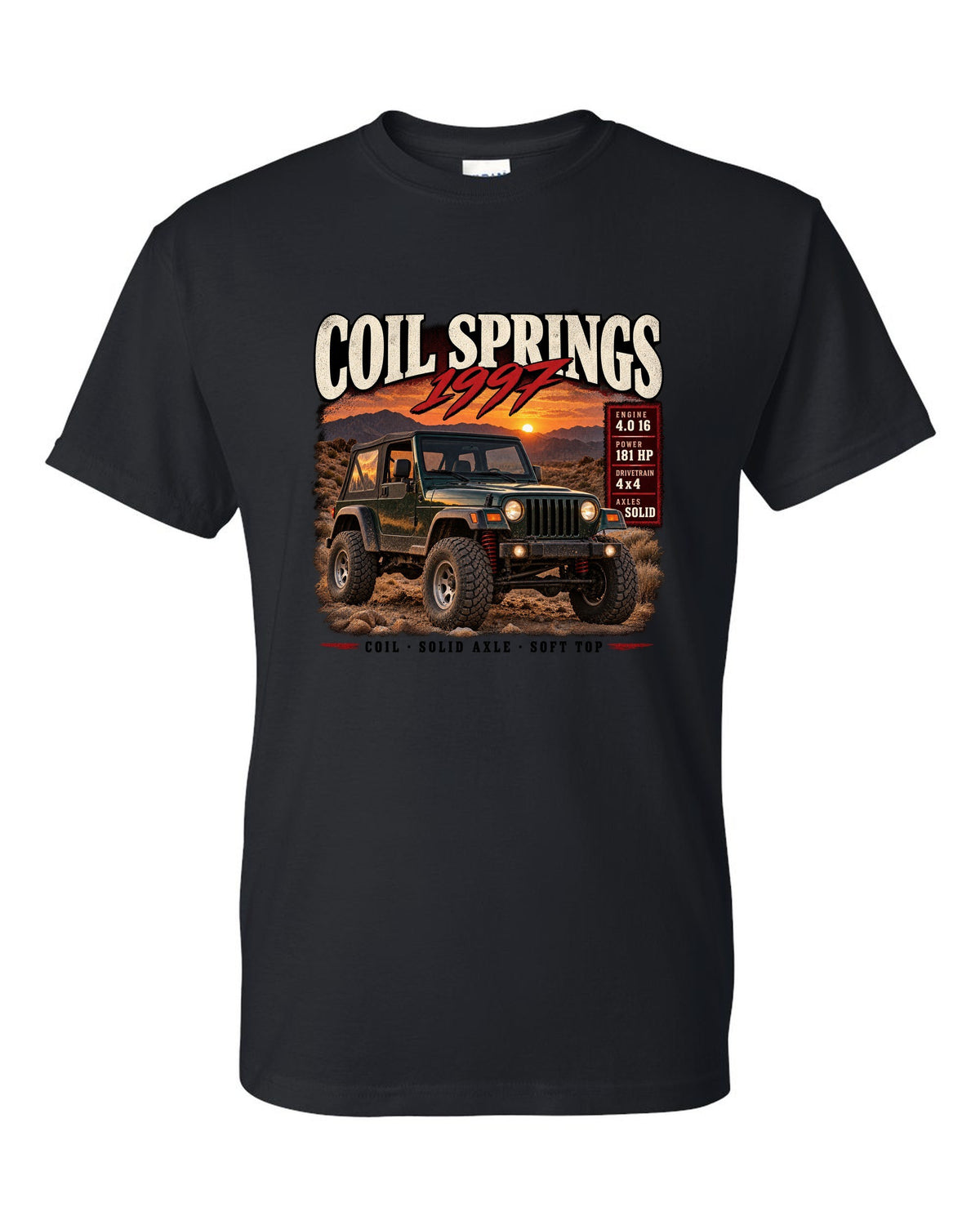 Archive panel print for the Jeep Wrangler TJ, Coil Springs 1997 Finally black t-shirt front view with the design