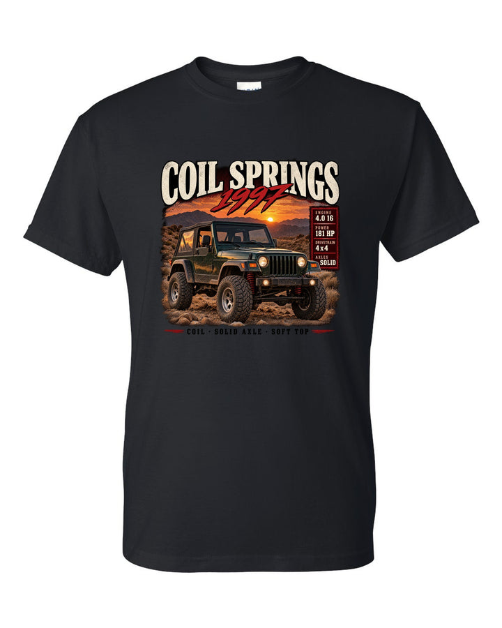 Archive panel print for the Jeep Wrangler TJ, Coil Springs 1997 Finally black t-shirt front view with the design