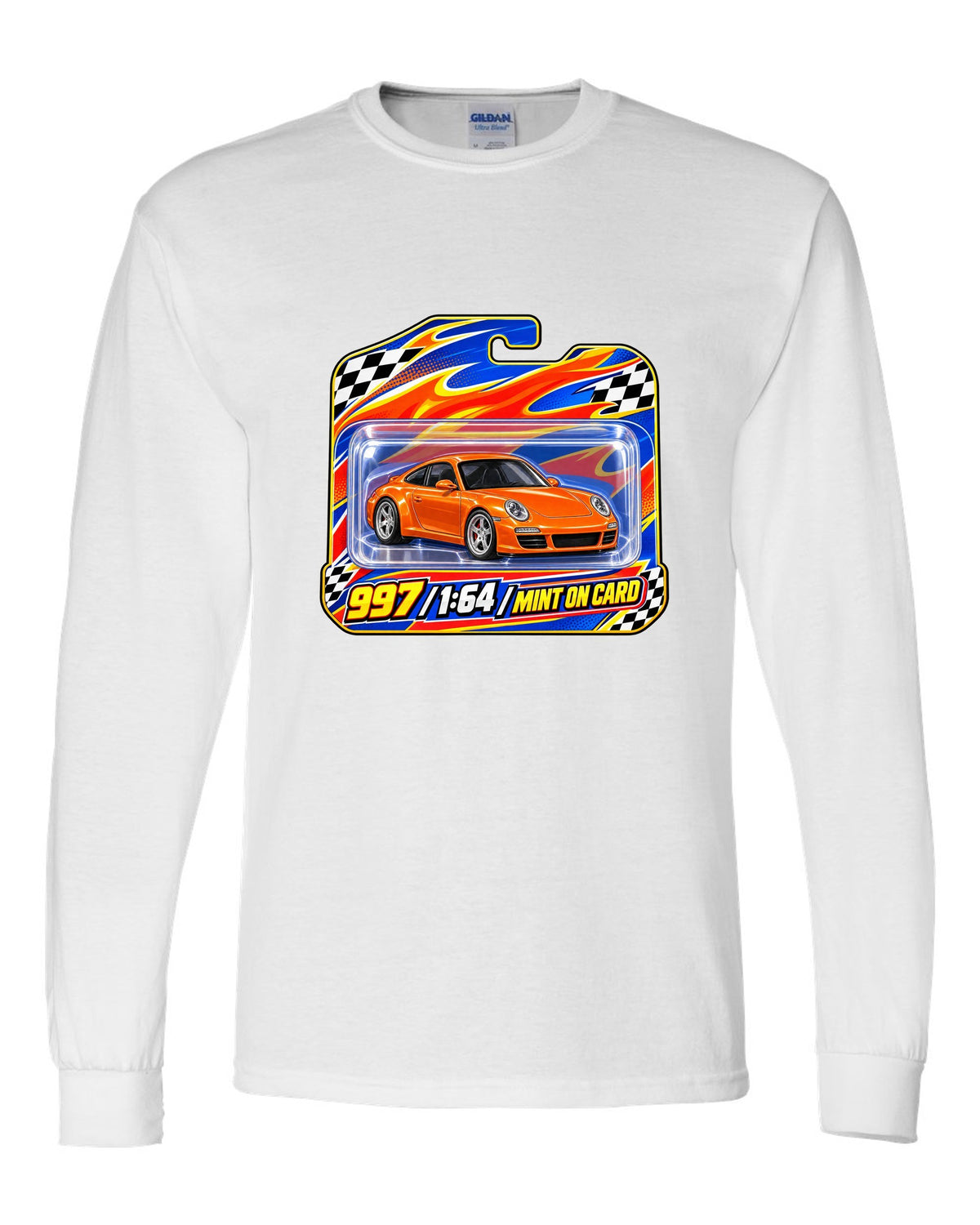 Sticker-bomb collage print of a Porsche 911 996 Carrera with the text 996 IMS never heard of it white long sleeve front view with the design