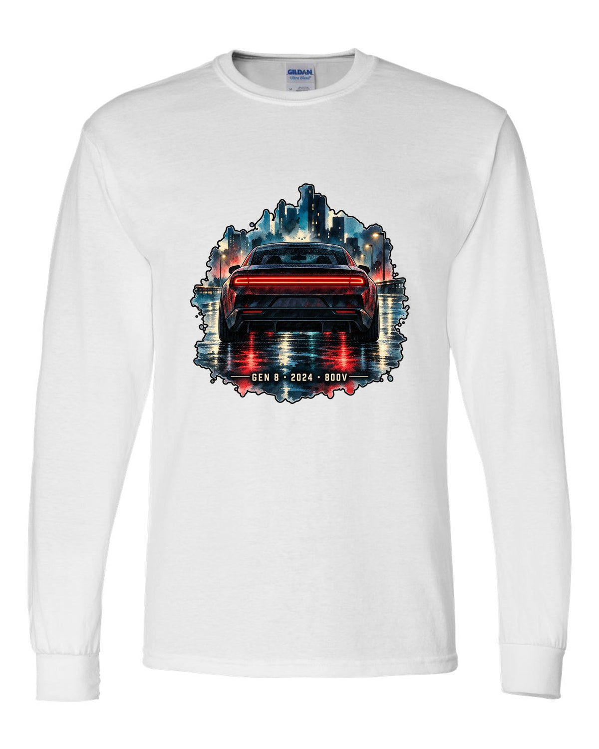 Watercolour night scene of a 2024 Dodge Charger Daytona EV on a wet road with Gen 8 lettering white long sleeve front view with the design