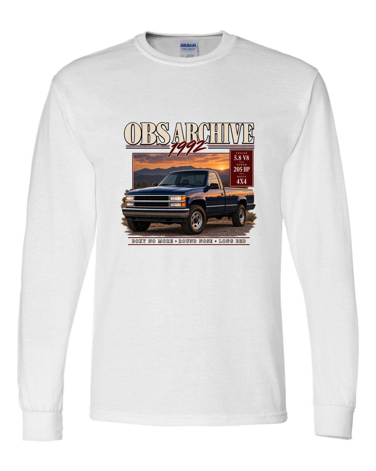 Ford F-150 OBS 1992-97 archive panel print listing 5.8 V8, 205 HP and 4x4 white long sleeve front view with the design