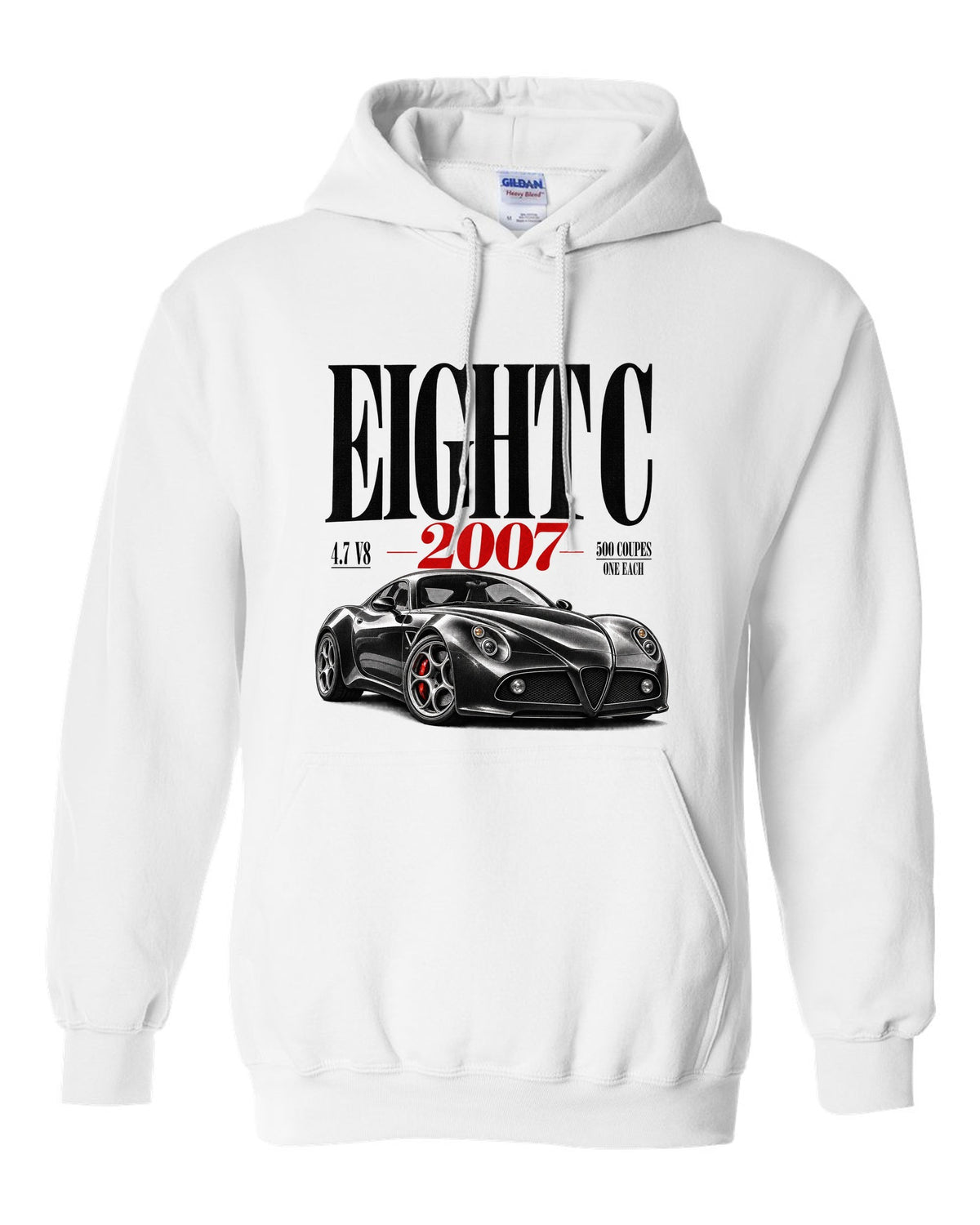Editorial headline print for the Alfa Romeo 8C Competizione with 4.7 V8 text white pull over hoodie front view with the design