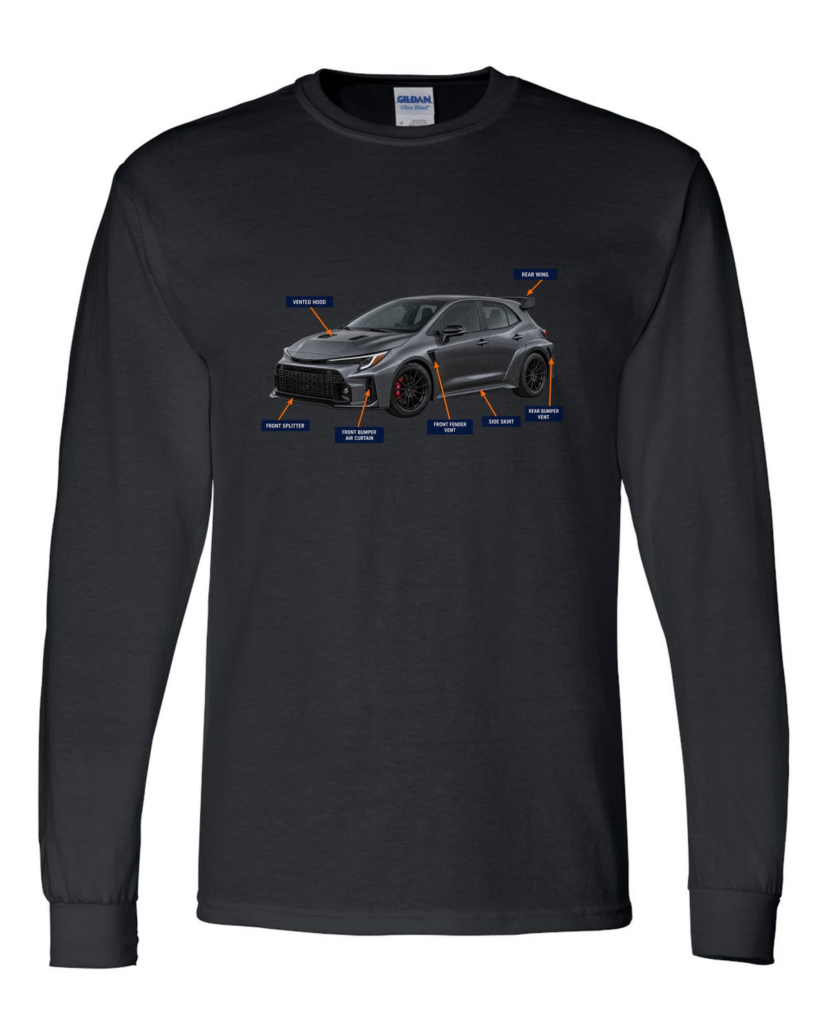 Toyota GR Corolla Circuit Edition chback with aero cutaway callouts and G16E-GTS text black long sleeve front view with the design