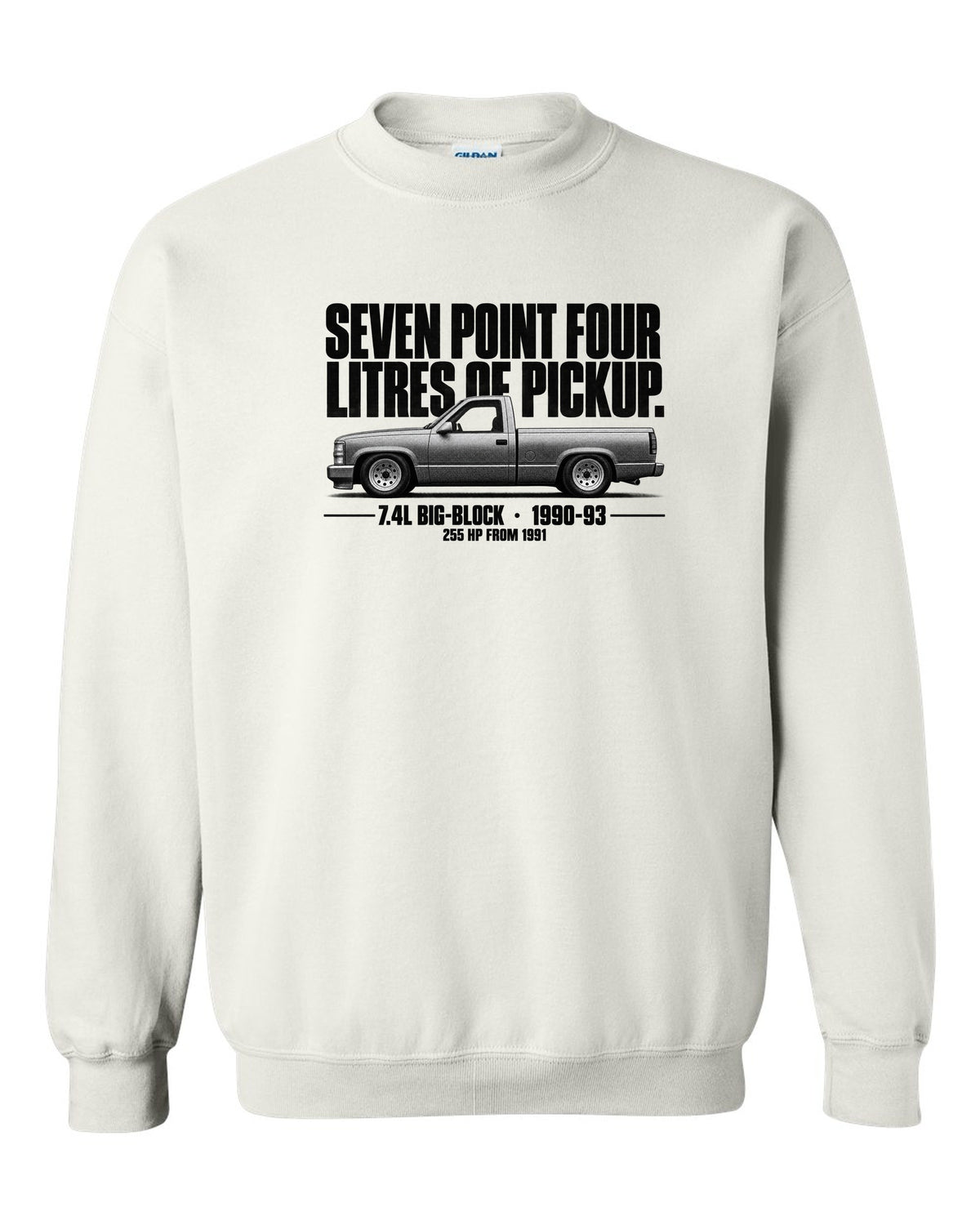 Chevy 454 SS Pickup Halftone Profile white crewneck front view with the design