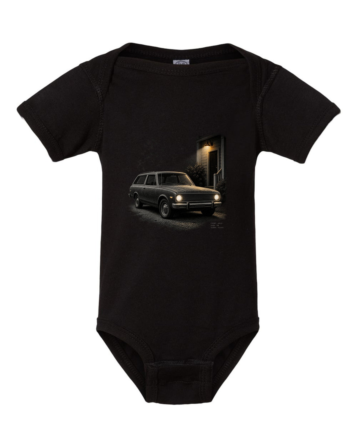 Night print of a 1966-77 early Ford Bronco U15 with Dana 30 front axle text black baby onesie front view with the design