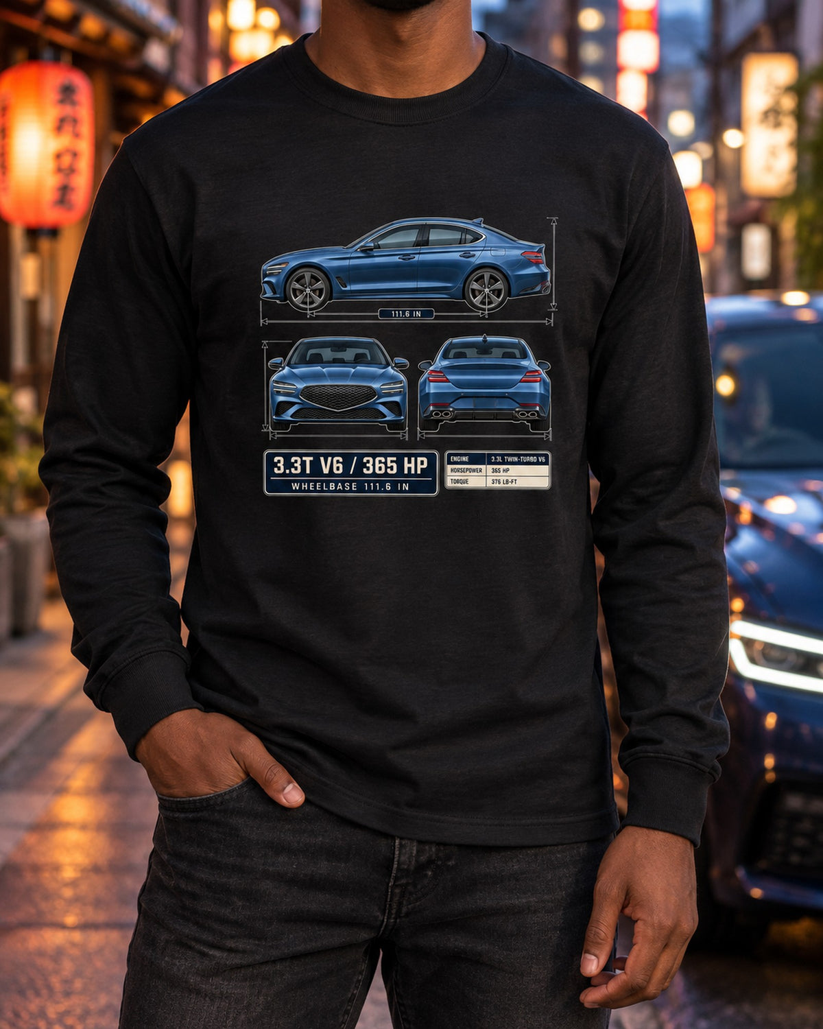 Genesis G70 3.3T Blueprint Shirt, V6 Sport Sedan Gift Long Sleeve Black worn hero