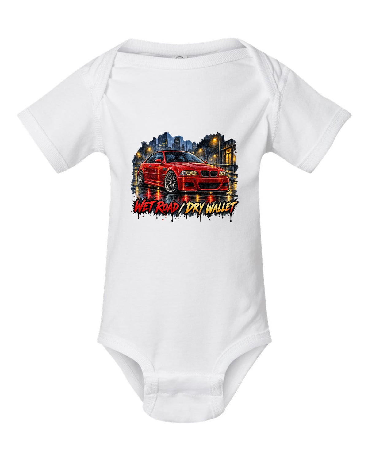 Watercolour wet-road night illustration of a BMW E46 M3 coupe with wet road dry wallet text white baby onesie front view with the design