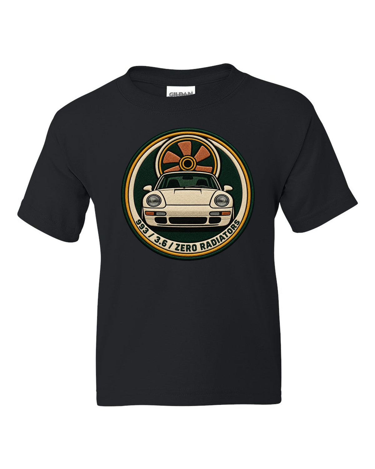 Round crest print of a Porsche 911 993 with the text 993, 3.6 and zero radiators black kids tee front view with the design