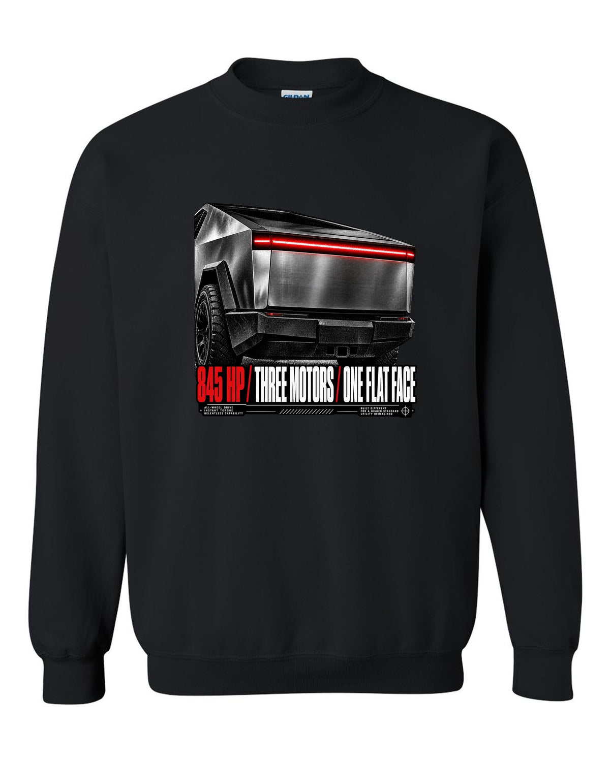 Macro of the Tesla Cybertruck Cyberbeast 2024 light bar with 845 HP and three motors text black crewneck front view with the design