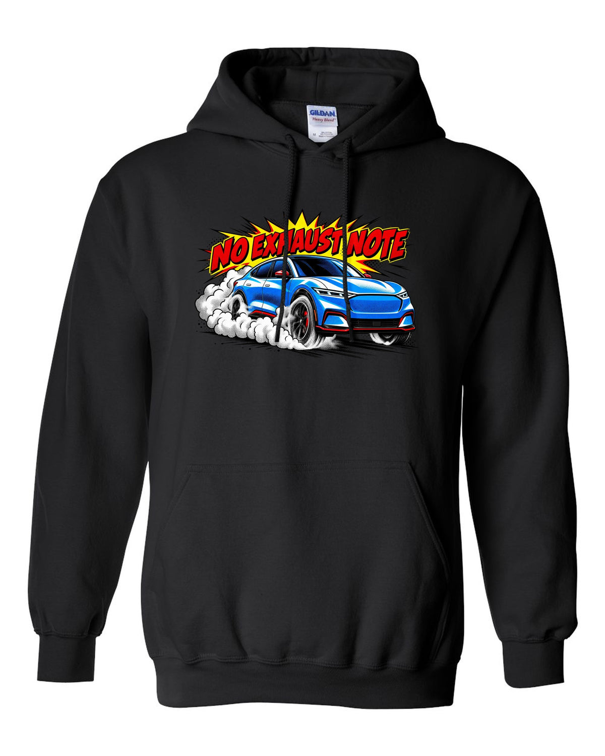 Comic halftone pop-art print of a 2020 Mustang Mach-E CX727 burnout reading No Exhaust Note black pull over hoodie front view with the design