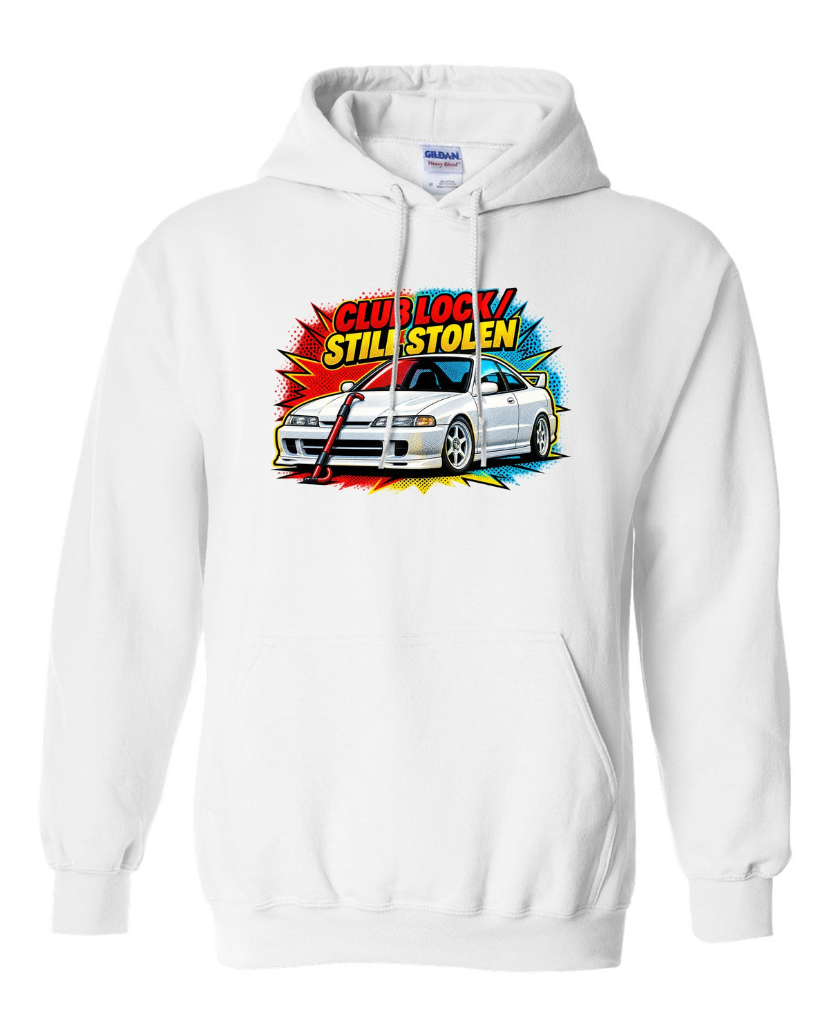 Pop-art halftone split of a 1995 Honda Integra DC2 coupe with Club Lock Still Stolen lettering white pull over hoodie front view with the design
