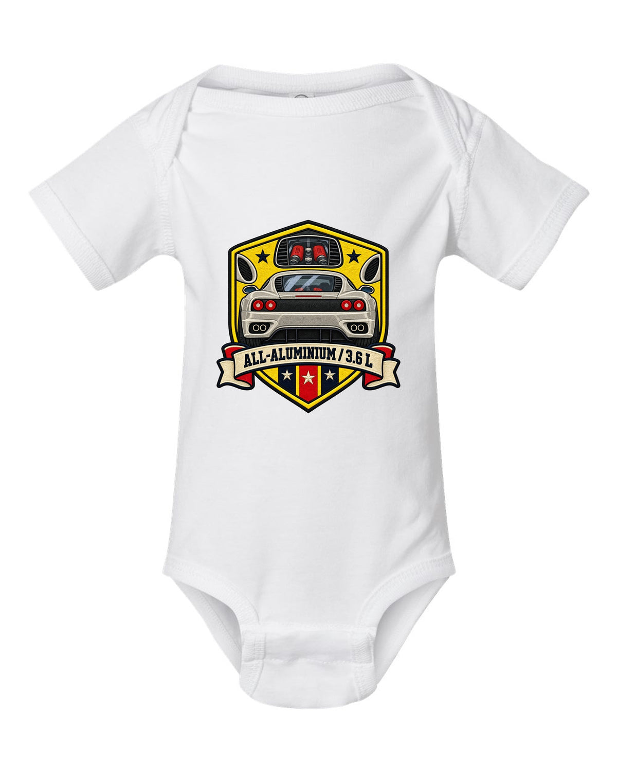 Shield crest print for the Ferrari 360 Modena with All-Aluminium and 3.6 L lettering white baby onesie front view with the design