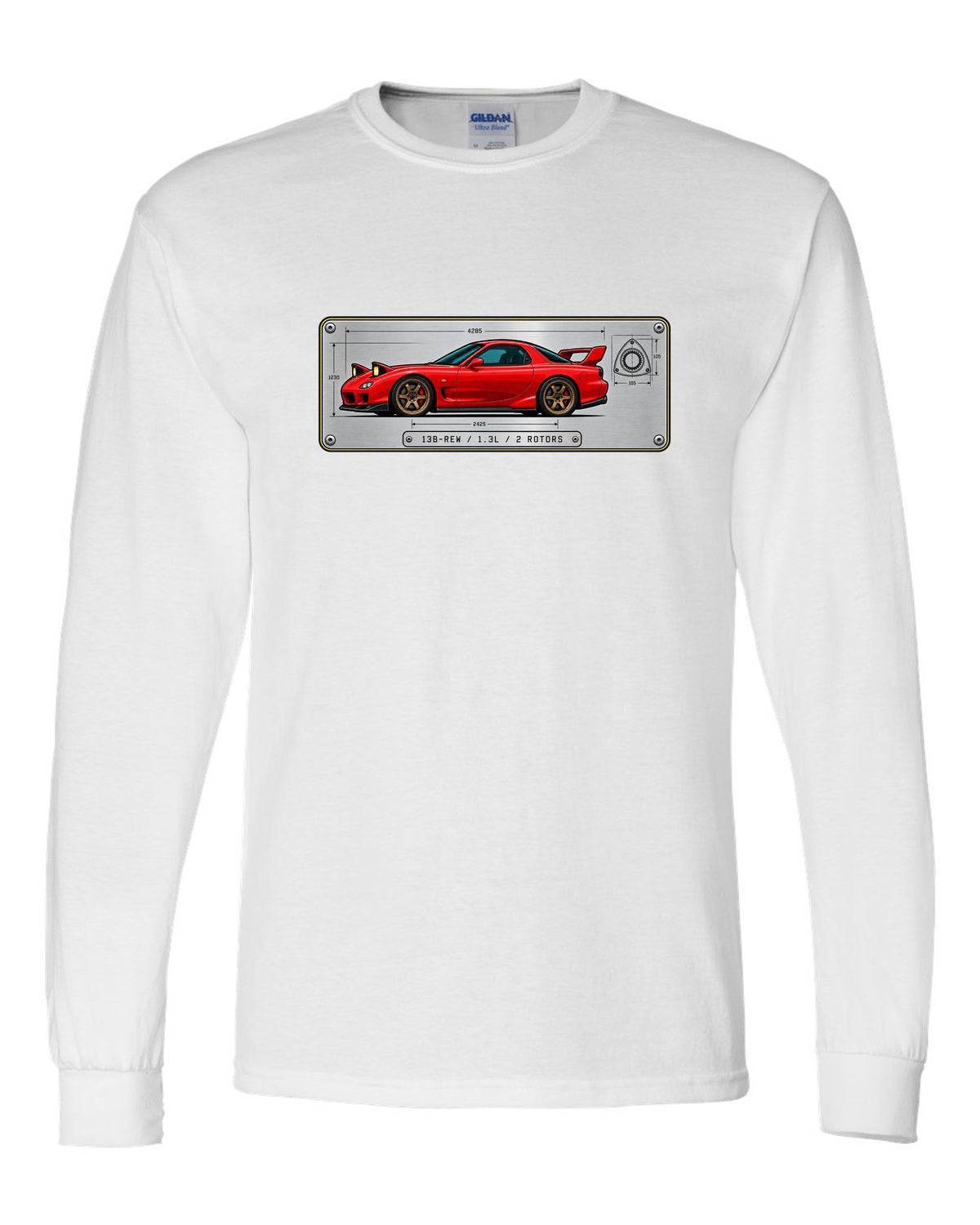 Spec plate print for a Mazda RX-7 FD3S listing 13B-REW, 1.3L and 2 rotors white long sleeve front view with the design