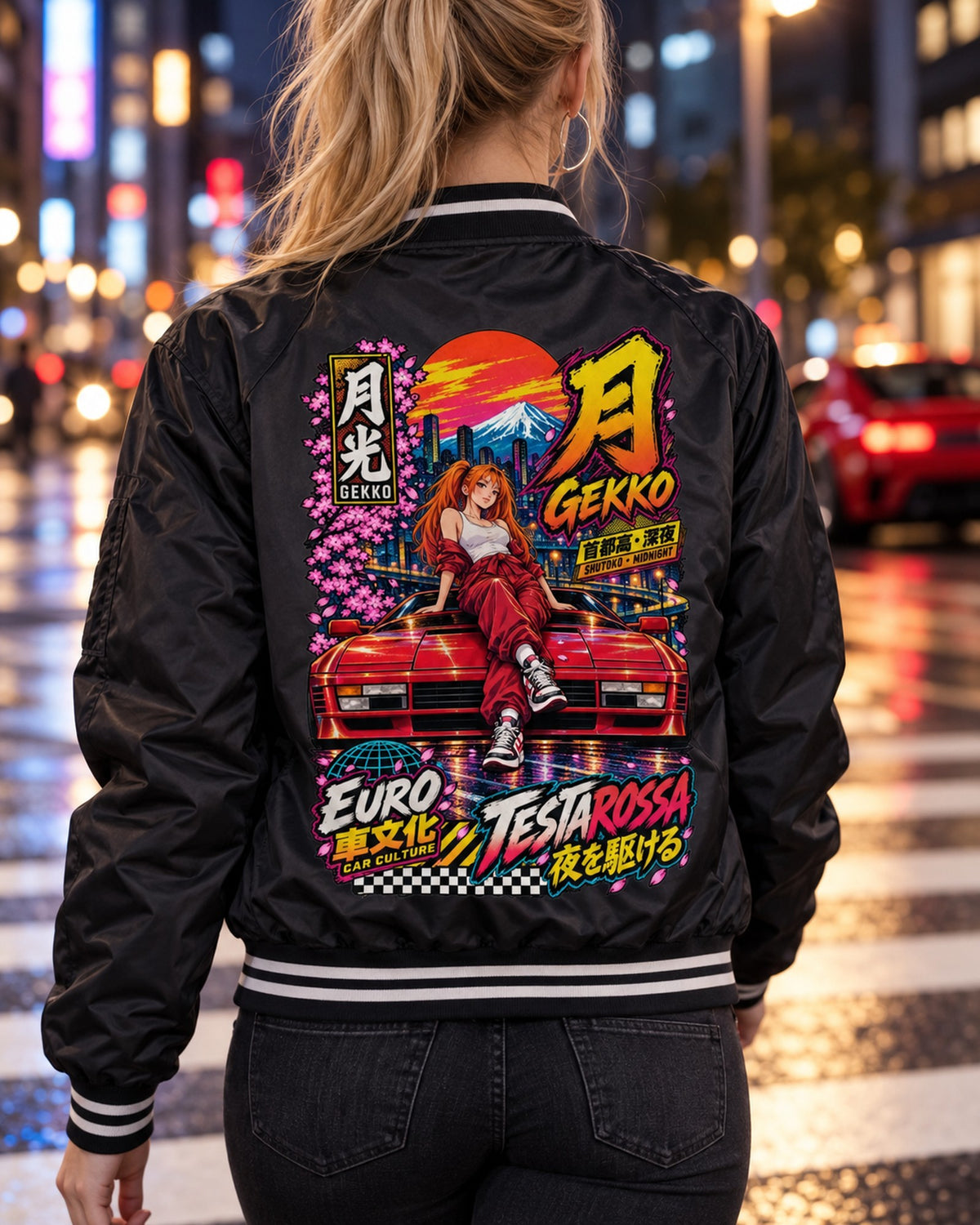 GEKKO TESTAROSSA Anime Girl Full-Back Graphic Tee Bomber Jacket Black worn hero